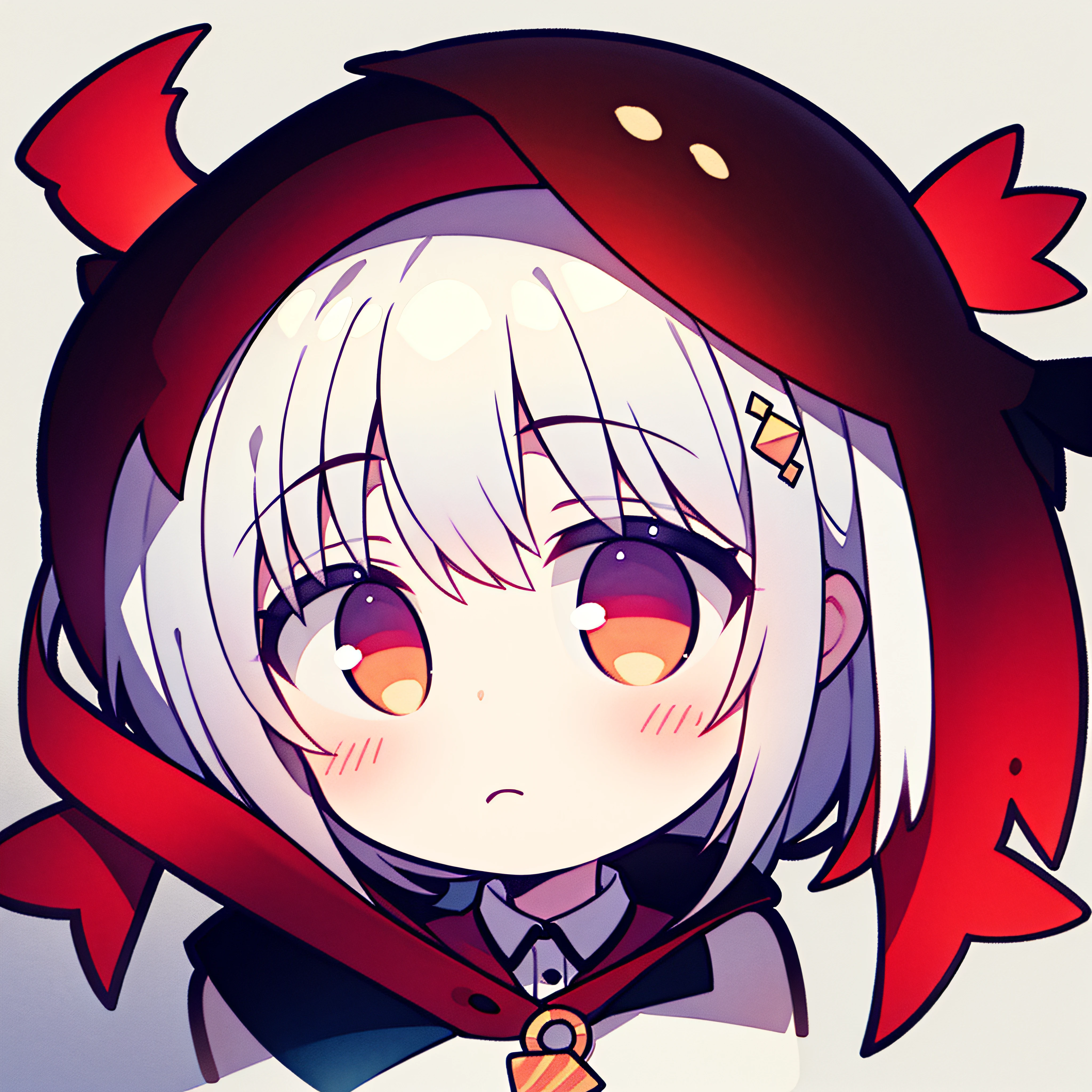fish on the head, solo, 1 girl, looking at viewer, upright, concept art, white background, simple background, white hair, red gradient hair, short sleeves, watercolor pencil, expressionless, blush, virtual youtuber