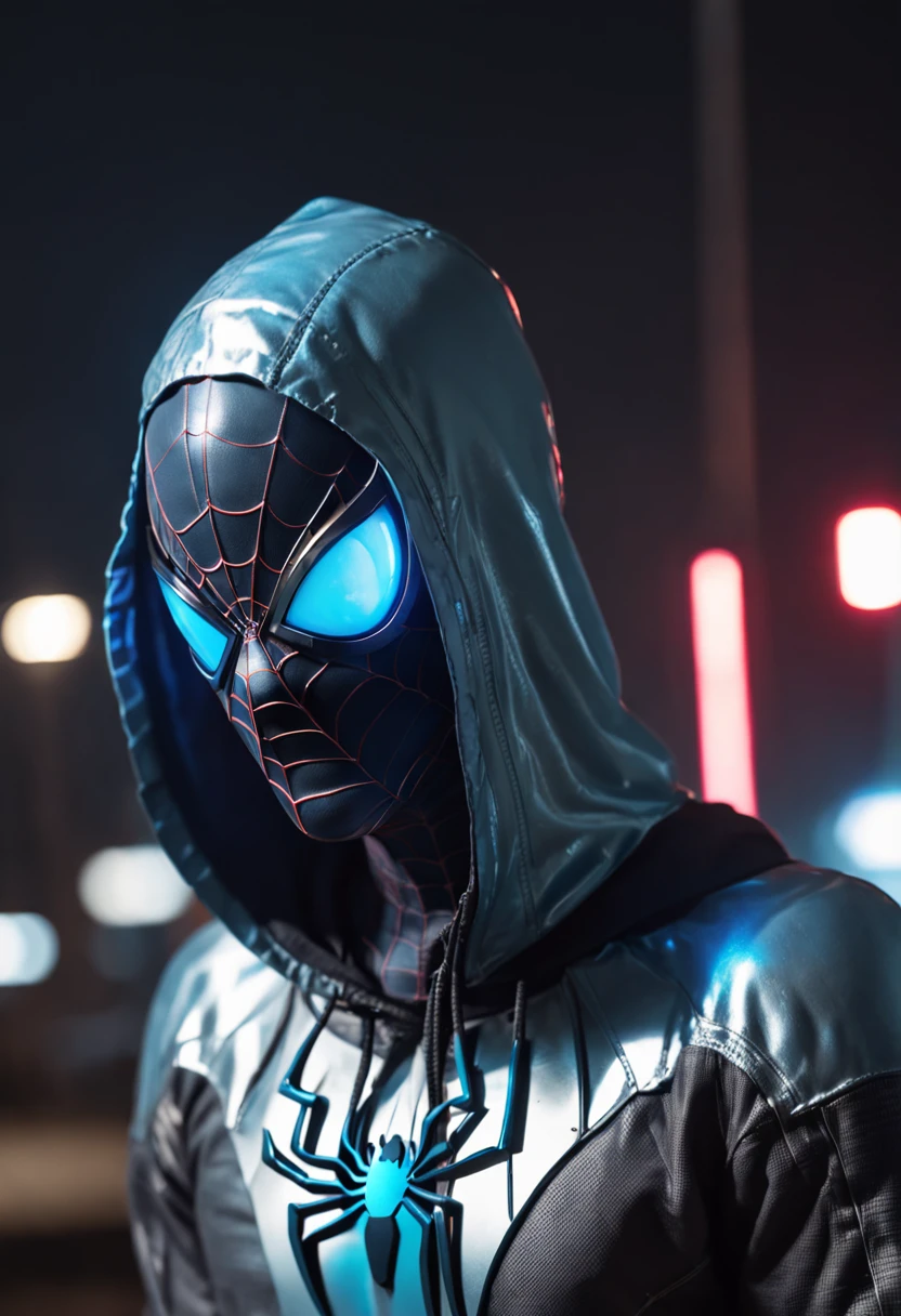 arafed chrome spiderman hooded man in a white blue rubber jacket with a single reflection mirror glowing eye, wearing sci - fi cloak with hood, glowing eyes in helmet, cyberpunk hacker, hologram sci - fi hood, orthodox cyberpunk, in cyberpunk style, portrait of a cyberpunk cyborg, cyberpunk photo, metal and glowing eyes, cyberpunk character, dark futuristic, portrait of a cyberpunk man, human with one robot eye