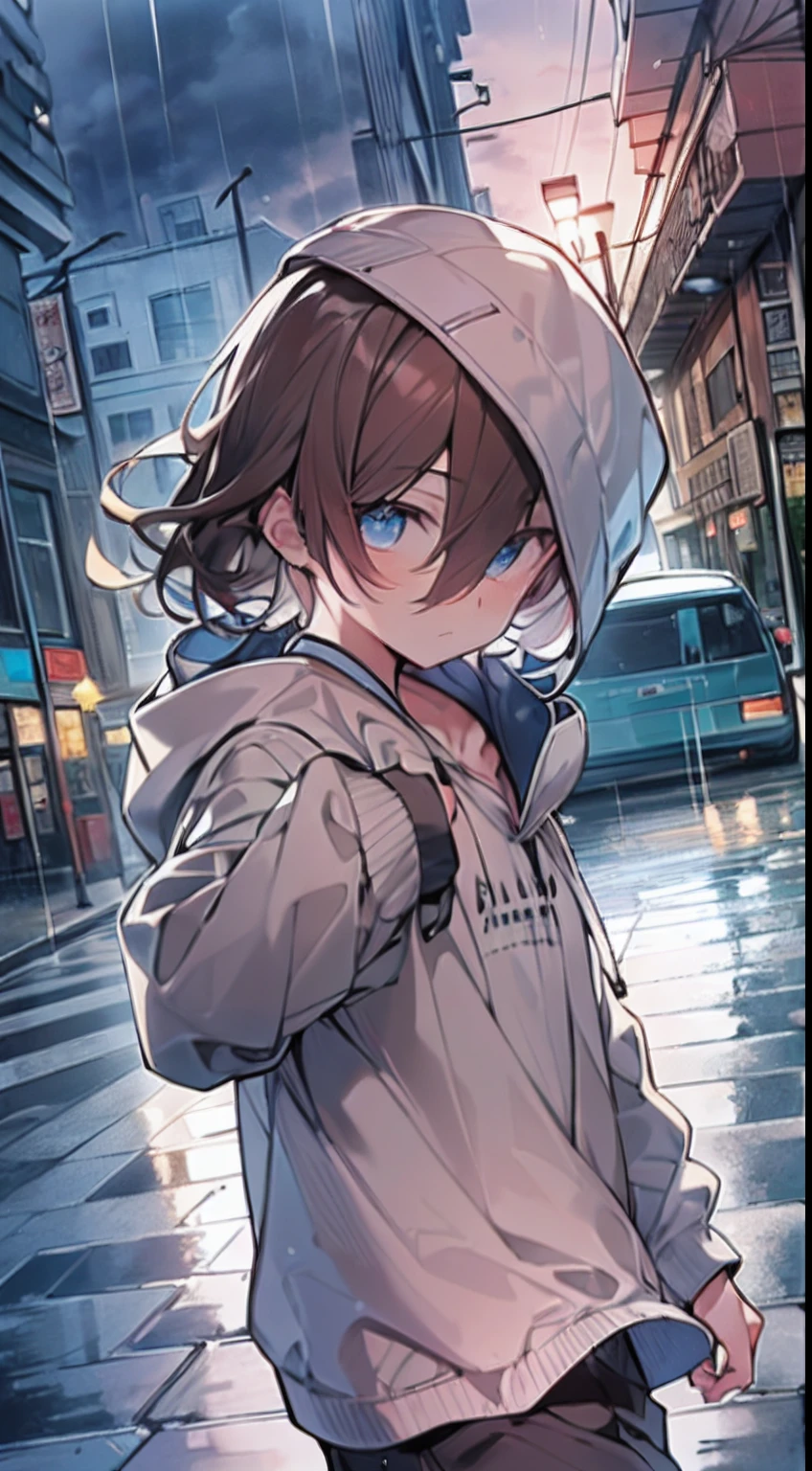 masutepiece, Best Quality,Illustration, Wallpaper, Ultra Detail, absurderes, 1boy in, Solo, (Medium short hair), Beautiful detailed eyes, after rain , (Street:1.3), Bright sky after rain、Hair that flutters in the wind,(a panoramic view:1.3),(Sense of depth:1.5),(longshot:1.3), wearing white hoodie, brown hair