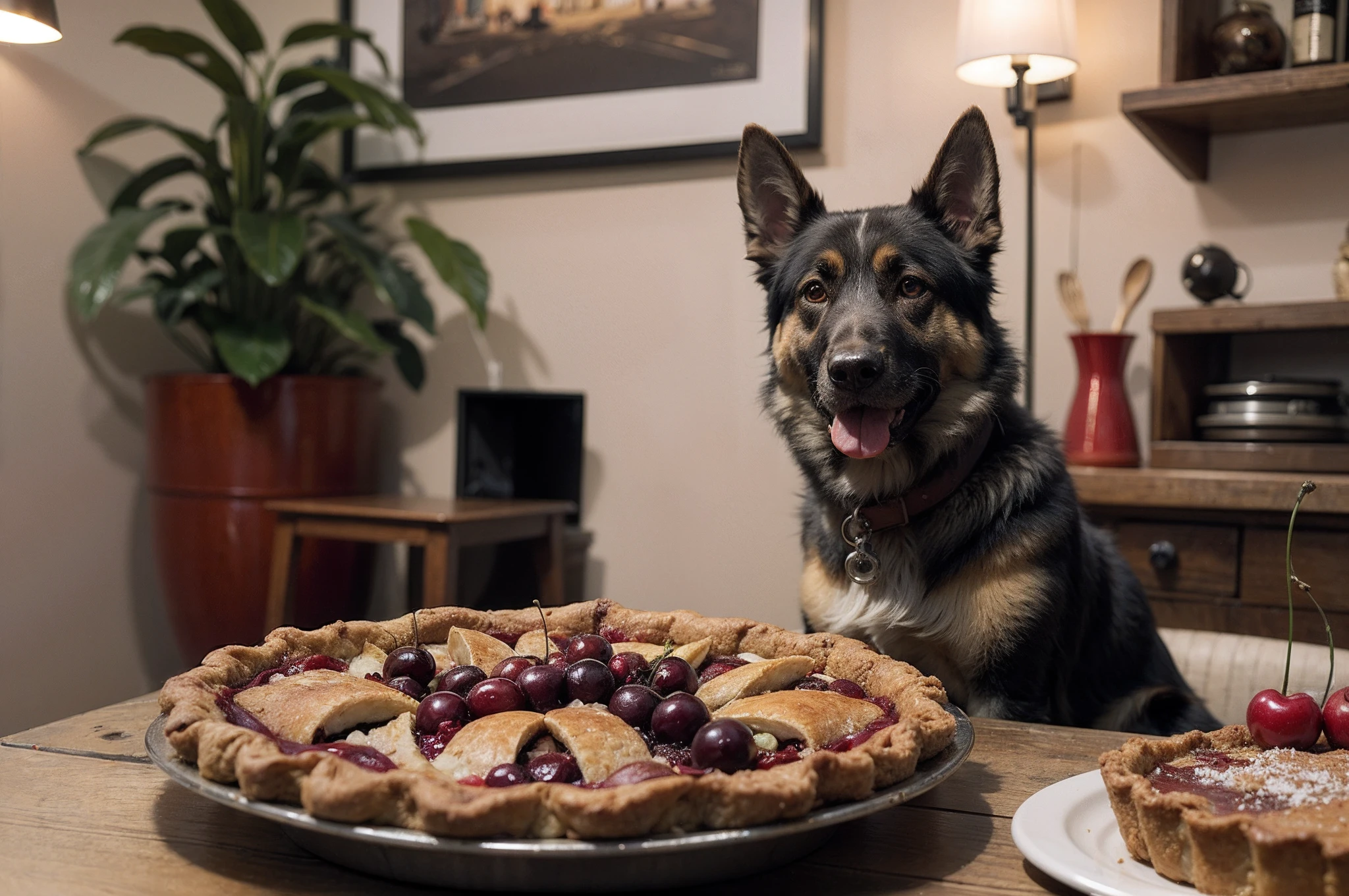 Photograph of a German Shepherd dog sitting next to a warm cherry pie, warm atmosphere, Captured by Panavision Panaflex Platinum Camera with Panavision Primo Primes Spherical Lens 50mm T1.9