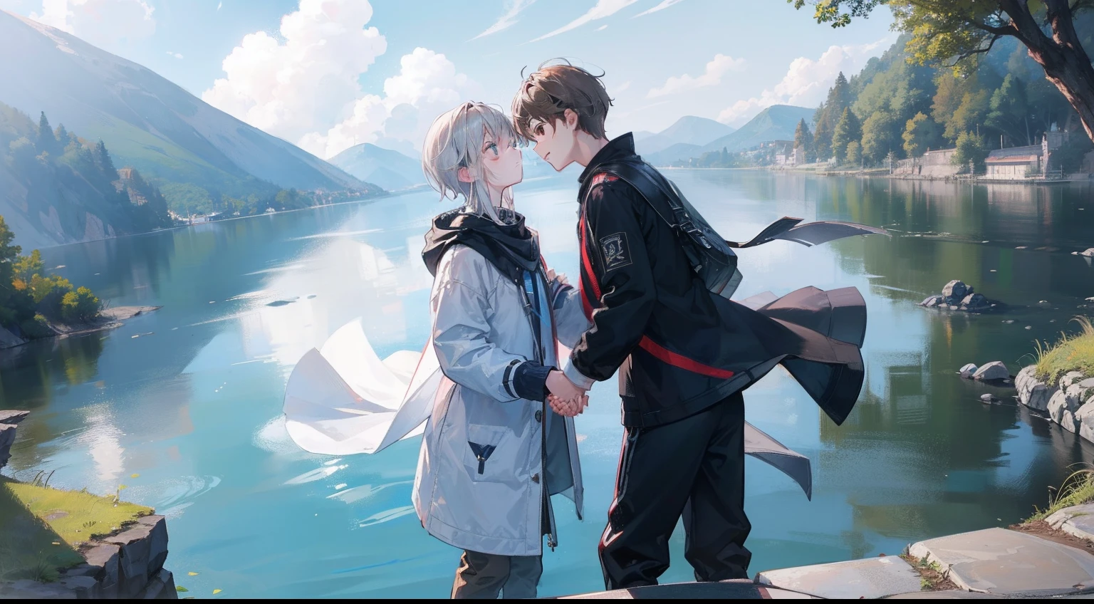 Two boys holding hands, Silver-haired boy and brown-haired boy, lake、Nessie comes out of the lake、Boys Love、Talking、hight resolution、ultra-detailliert