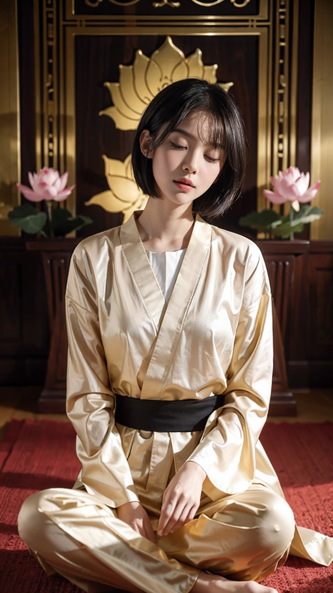 (Tomboyish,small head), (short-length straighthair: 1.2), Black hair,（极其细致的CG 8k壁纸），（Extremely refined and beautiful），（tmasterpiece），（best qualtiy：1.0），（超高分辨率：1.0），upper body photos，[A high resolution]，Smooth and flawless fair skin，ultra - detailed ，Slim，emaciated，Gorgeous Buddhist long robes，Buddhist pants，In the main hall of the temple，Rightfully Lotus sits cross legged on a large lotus flower，（A large pink lotus flower：1.5），The girl is floating above the large lotus flower in the air，from front，Close-up，Sitting in meditation，eyes closed，kindly
