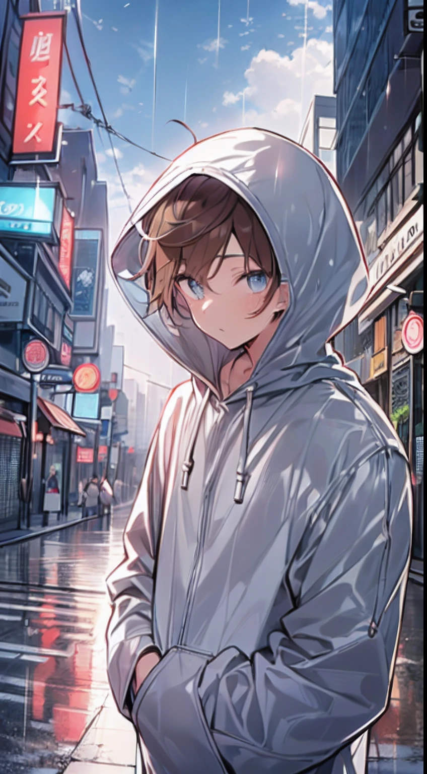 masutepiece, Best Quality,Illustration, Wallpaper, Ultra Detail, absurderes, 1boy in, Solo, (Medium short hair), Beautiful detailed eyes, after rain , (Street:1.3), Bright sky after rain、Hair that flutters in the wind,(a panoramic view:1.3),(Sense of depth:1.5),(longshot:1.3), wearing white hoodie, brown hair