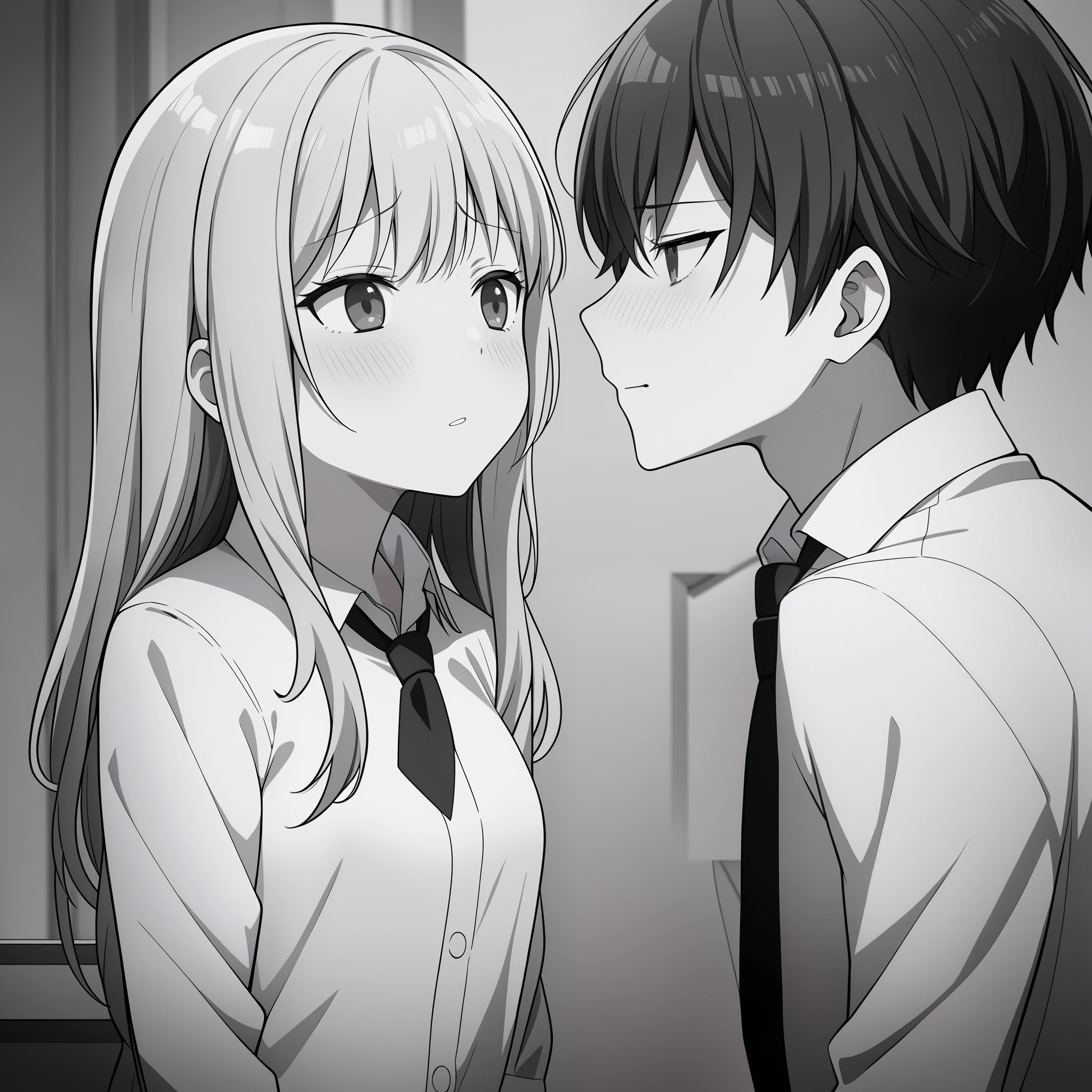 1boy, 1girl, blush, closed_eyes, collared_shirt, couple, greyscale, hetero, kiss, long_hair, monochrome, necktie, shirt, surprise_kiss, upper_body