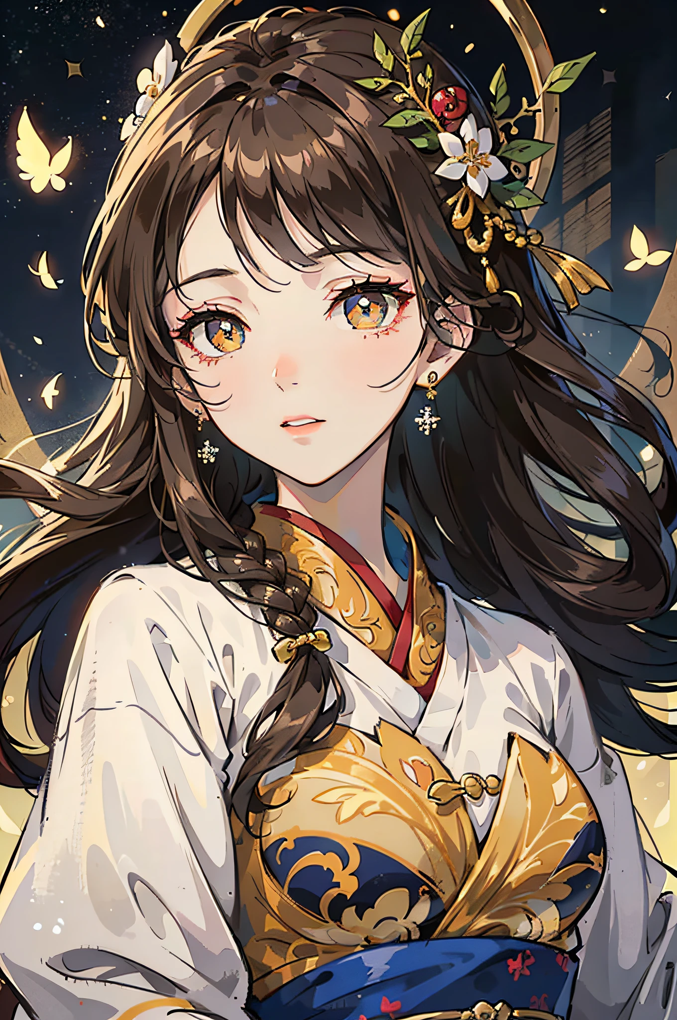 Mature girl , long dark brown hair, long dark brown hair, braid on the left side of hair, floating hair, golden eyes, golden eyes, delicate and smart eyes, starry pupils, intricate damask hanfu, gorgeous accessories, wearing pearl earrings, FOV, f1.8, masterpiece, complex scene, snowflakes flying, front portrait shot, Chang'e