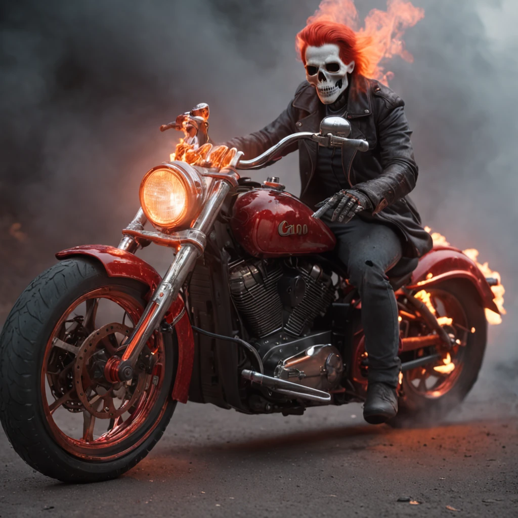 create the image of a scary full-length skull wearing black clothing with a backwards red cap and gold jewelry, smoking a cigarette while watching a Les Paul guitar on fire on the floor next to a nearly empty bottle of whiskey and a motorbike harley davidson, with a wooden house on fire in the background of the image giving a feeling of complete chaos