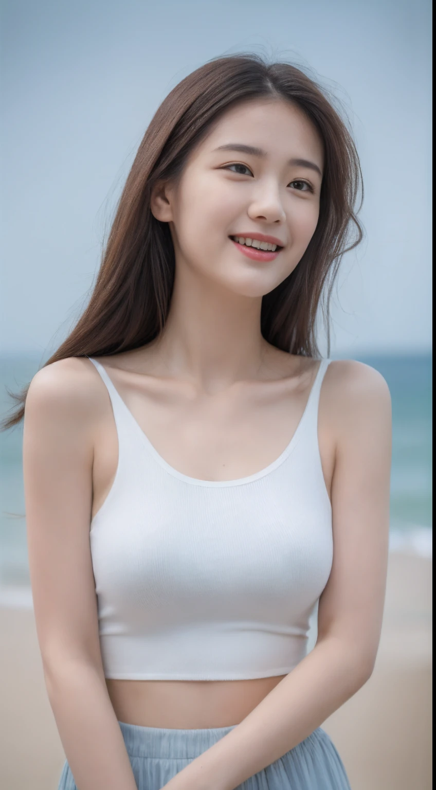 ((Best quality, 8k, Masterpiece :1.3)), 1girl, beautiful woman with emphasis on slim abs: 1.3, (long hair, big breasts: 1.2), tank top: 1.2, ultra-delicate face, delicate eyes, double eyelids, smile, seaside, random color clothes