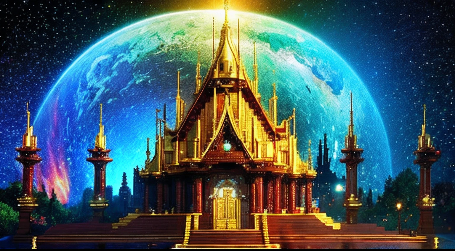 pixel game，scenography，fantastical scenes，Space Opera House，Gold paused， Pixel art #pixelart