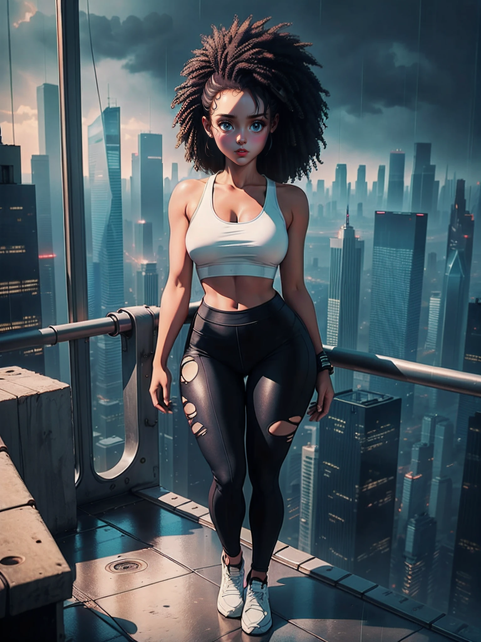 girl standing in the rain on a roof top looking over the city, tank top, torn leggings