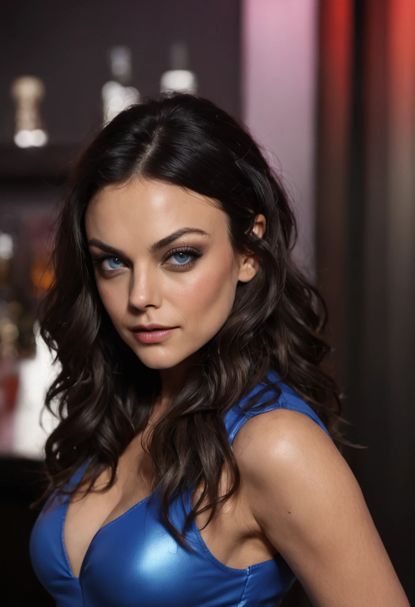 Mila Kunis (Beautiful and bold, seductive and attractive, with alluring sexy blue eyes, Pointed chest, long curly black hair, sweaty body, in a tight-fitting suit made of shiny latex, me, high-heeled boots, Thick beautiful, Chic, legsupms). (in nightclub, Bar Counter, Drinks, Lights), (Best Quality, Masterpiece, Depth of field, Full HD, 8K, A wealth of detail). PORTRAIT STYLE