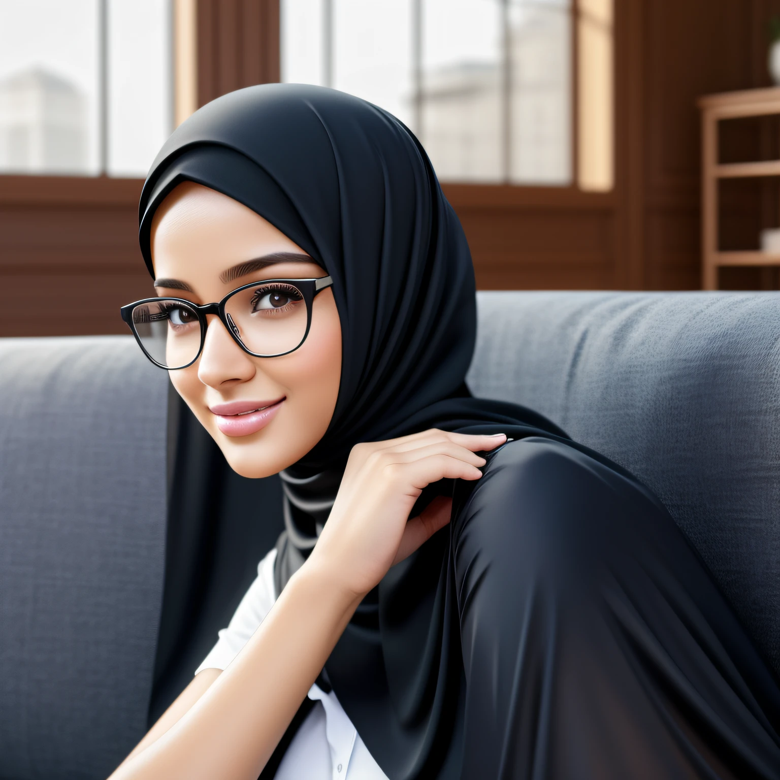 ultra realistic,16k, enhanced quality, perfect face, perfect hands, perfect body, ultra detailed,1girl, perfect hair, girl wearing glasses, perfect glasses, perfect smile, ultra realistic, ultra realistic background, sitting on a couch in a mansion ultra luxurious living room, different poses, looking at view, ultra realistic glowing butterfly, girl wearing perfect hijab, ultra realistic particles, perfect duck lips, Islamic hijab, full body image, full image.