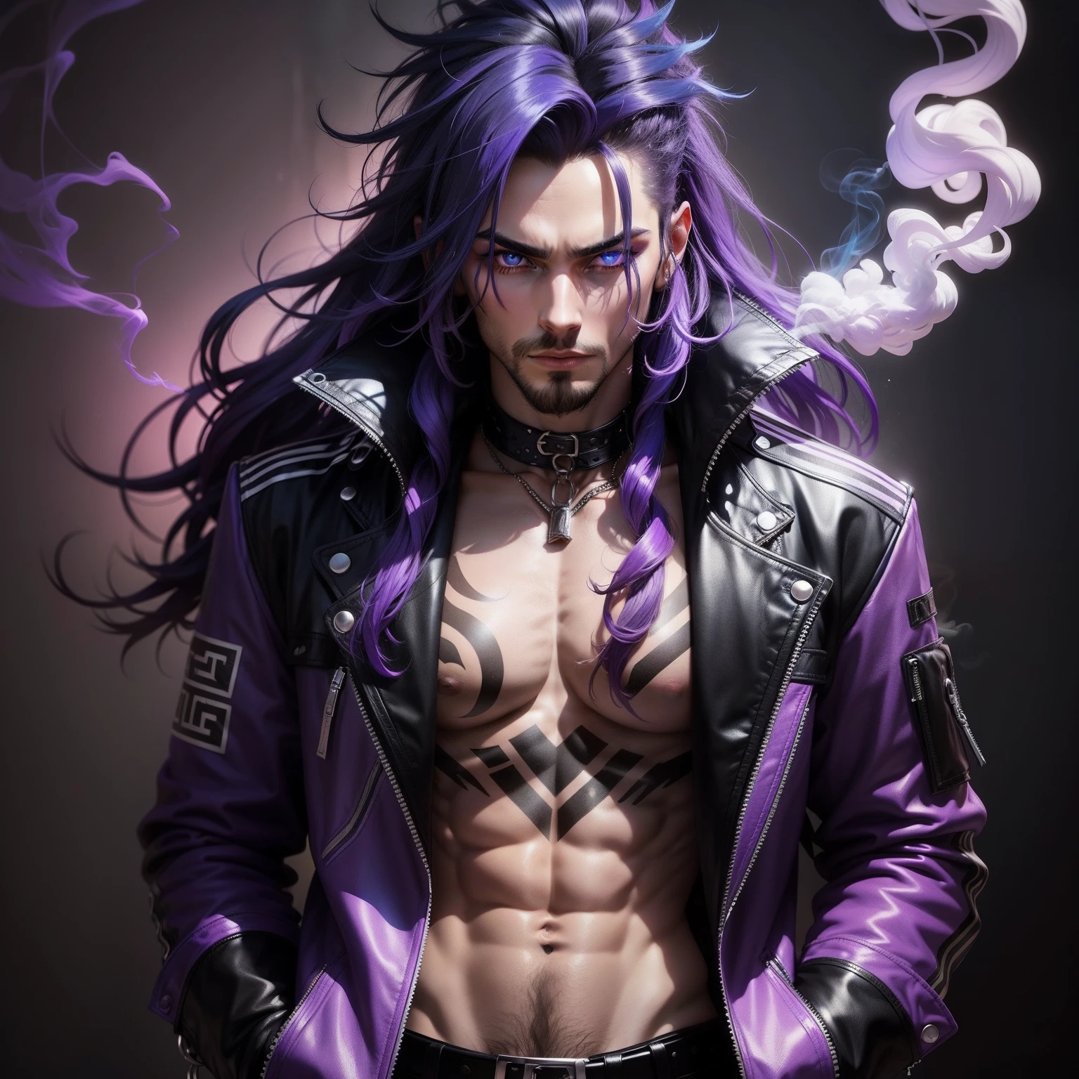 Male with black long wild hair, blue magic eyes, purple ombre, smoking, wearing punk clothes