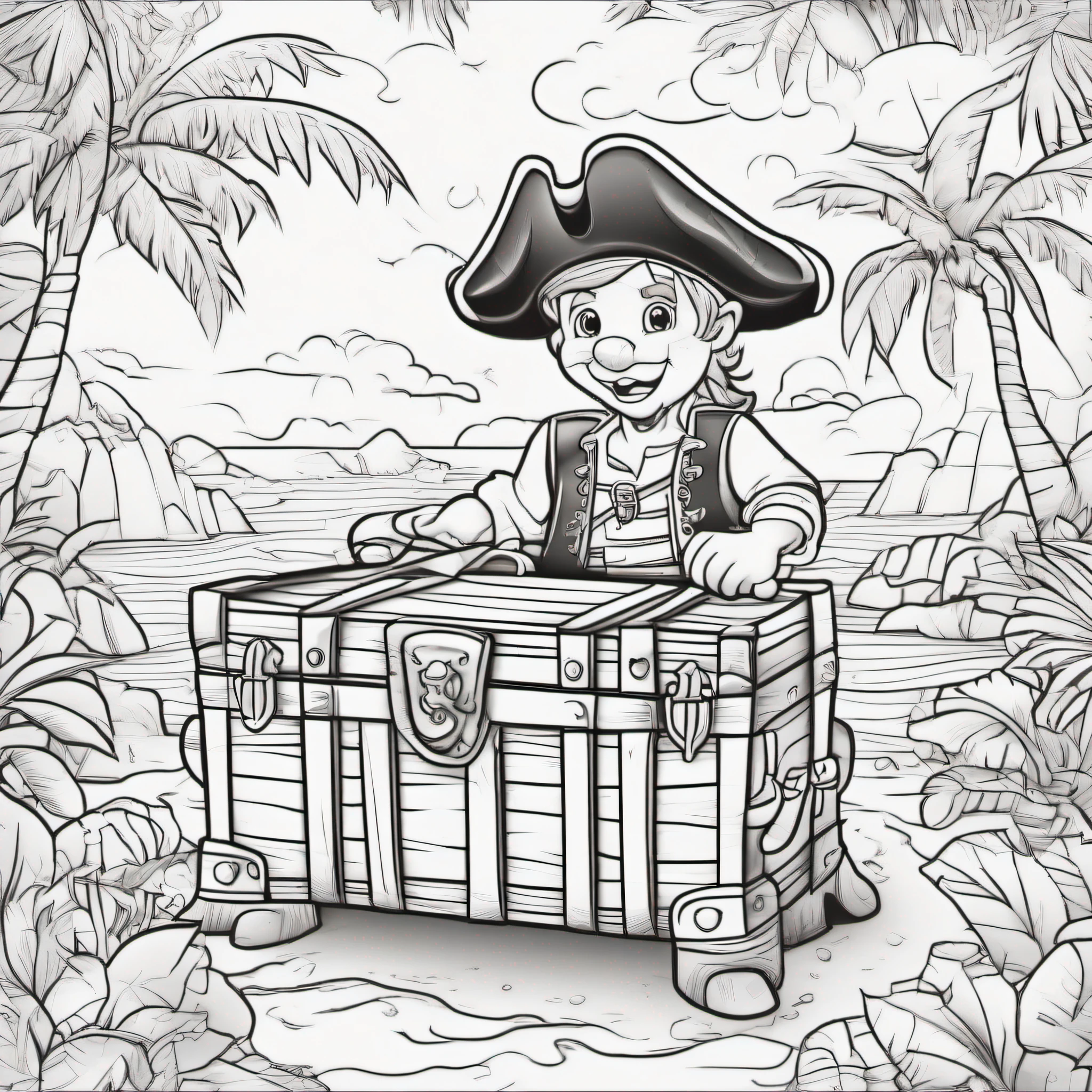 Coloring book page, a pirate and a treasure chest, children's cartoon style, thin lines, no color, white background, strokes only