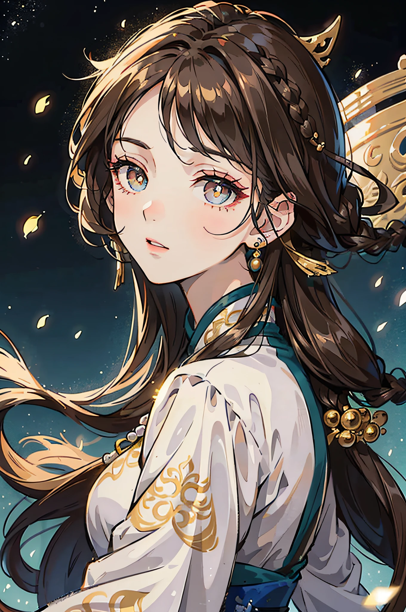 Mature girl , long dark brown hair, long dark brown hair, braid on the left side of hair, floating hair, golden eyes, golden eyes, delicate and smart eyes, starry pupils, intricate damask hanfu, gorgeous accessories, wearing pearl earrings, FOV, f1.8, masterpiece, complex scene, snowflakes flying, front portrait shot, Chang'e