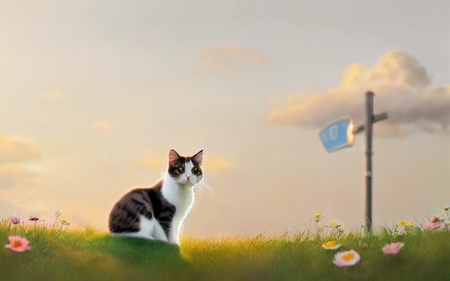 A cat sits on the grass，There are flowers, lovely digital painting, Cute detailed digital art, adorable digital art, anime visual of a cute cat, cute detailed artwork, realistic anime cat, cat. Digital painting, Beautiful digital illustration, Cute cat, digital painting highly detailed, stunning digital illustration, Beautiful digital artwork, beautiful digital painting, Detailed digital painting，The cat is in the lower left part of the picture