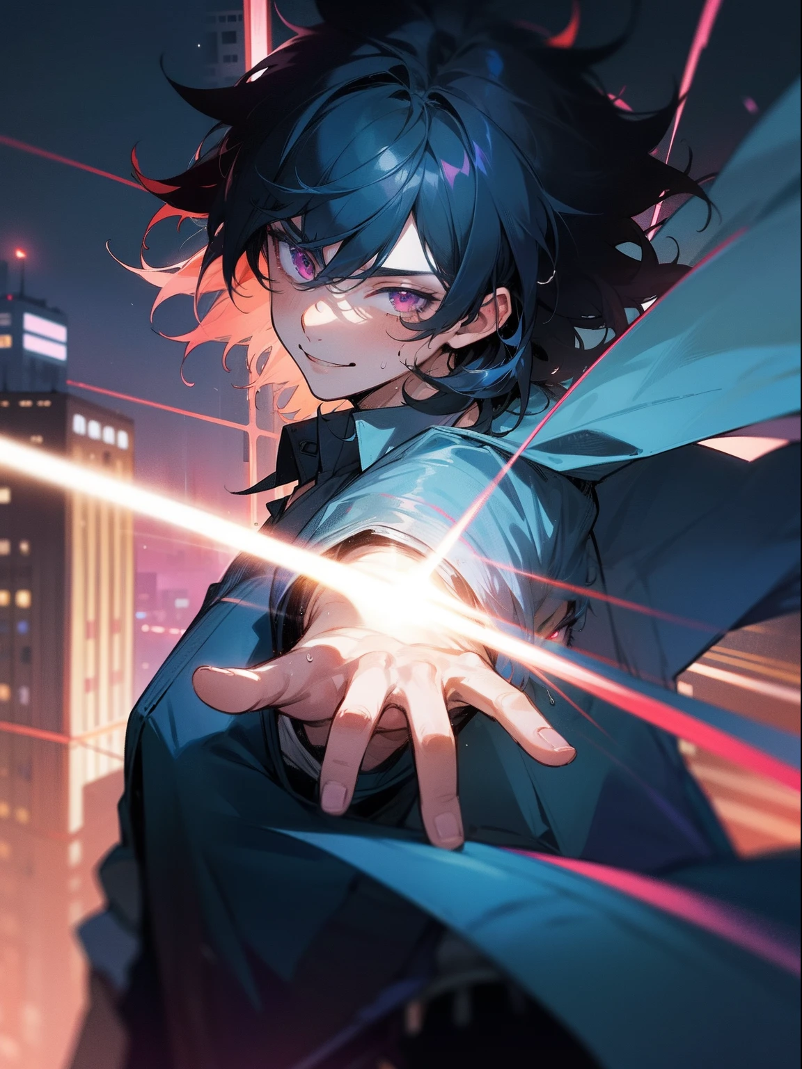 1 male, Male character in his 20s, Subrealismo, Dynamic Angle, medium shot, Best Quality, official artwork, key visual, city, Detailed background, Night, Intense angle, Shaft angle, collateral, Looking at Viewer, Dark blue hair, Medium Hair, Messy hair for men, Bundled hair, Pink eyes, endured face, White open shirt, Smile, smirking mischievously, Sweat, Wet, Watching the viewer, radiant eyes
