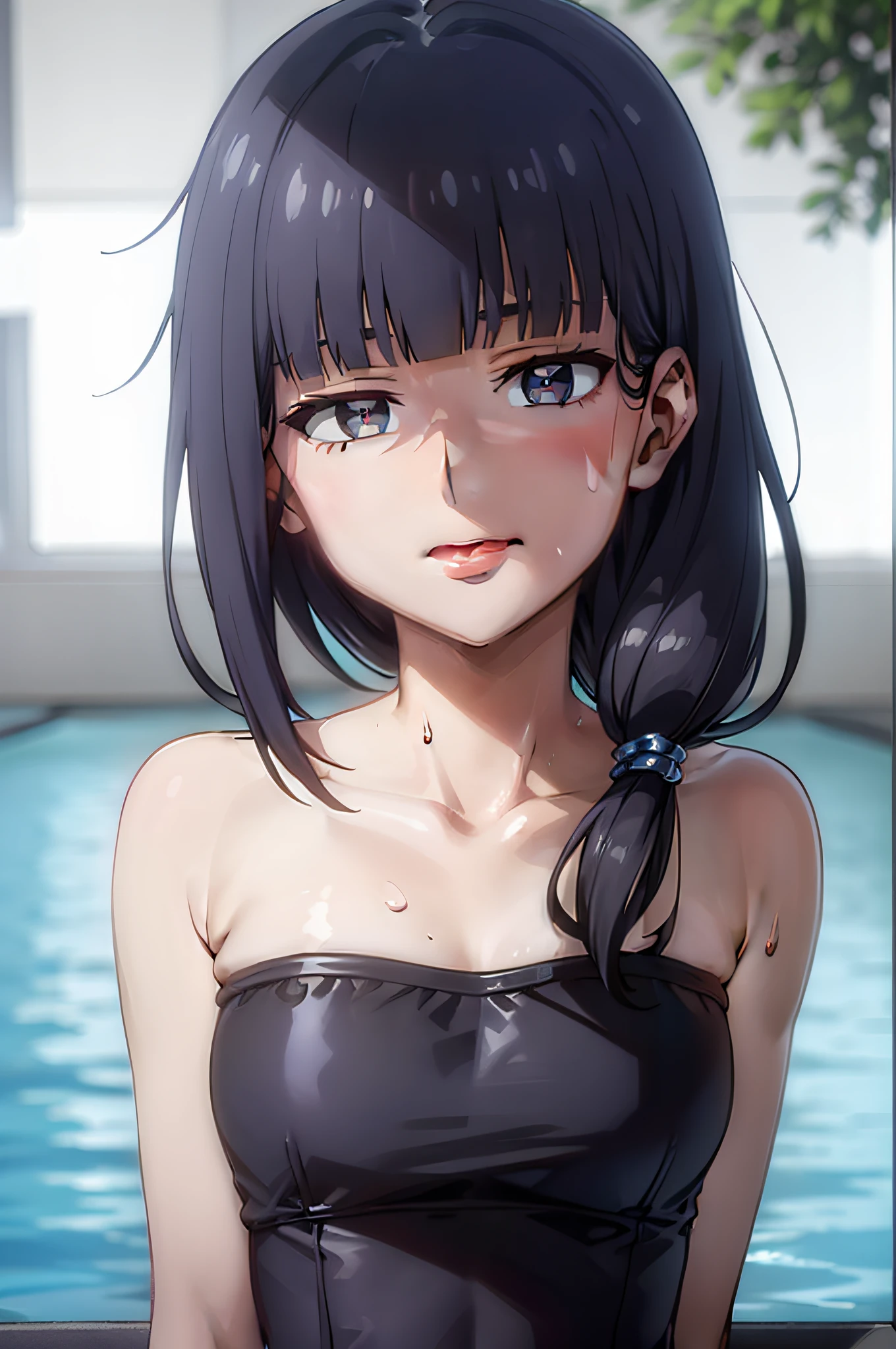 upper body, masterpiece, dark blue swimsuit, school swimsiut, dark navy low-cut swimwear, sukumizu, best quality, 1girl, cute, slender, (shiny skin, sweaty:1.2), pool, depth of field, sharp focus, detailed eyes, sharp pupils, realistic pupils, short hair, looking at viewer, delicate facial features, (blush, upset:0.1), (hyper-detailed:1.5), (small breasts:0.5), tongue