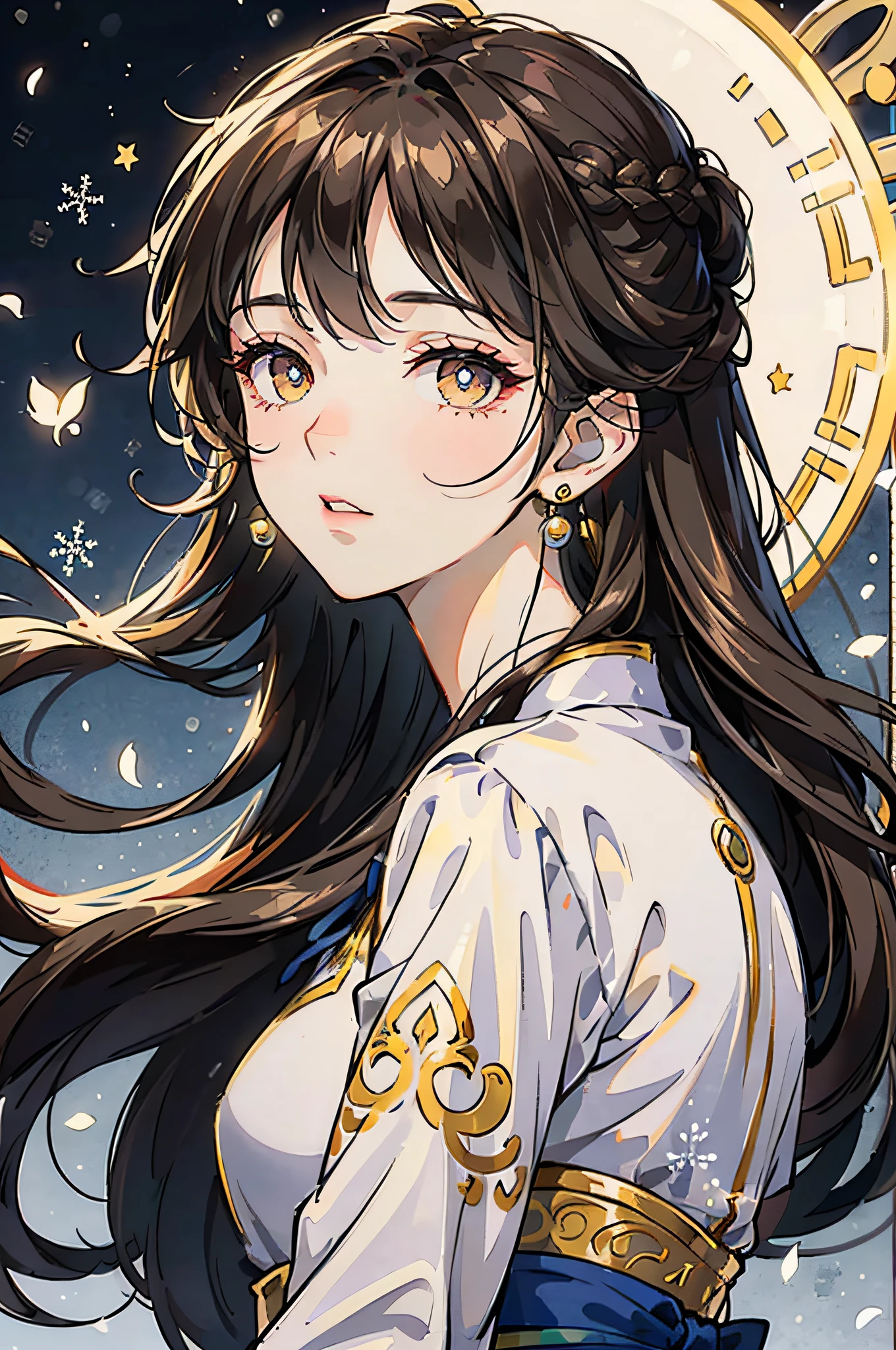 Mature girl , long dark brown hair, long dark brown hair, braid on the left side of hair, floating hair, golden eyes, golden eyes, delicate and smart eyes, starry pupils, intricate damask hanfu, gorgeous accessories, wearing pearl earrings, FOV, f1.8, masterpiece, complex scene, snowflakes flying, front portrait shot, Chang'e, snowing, night