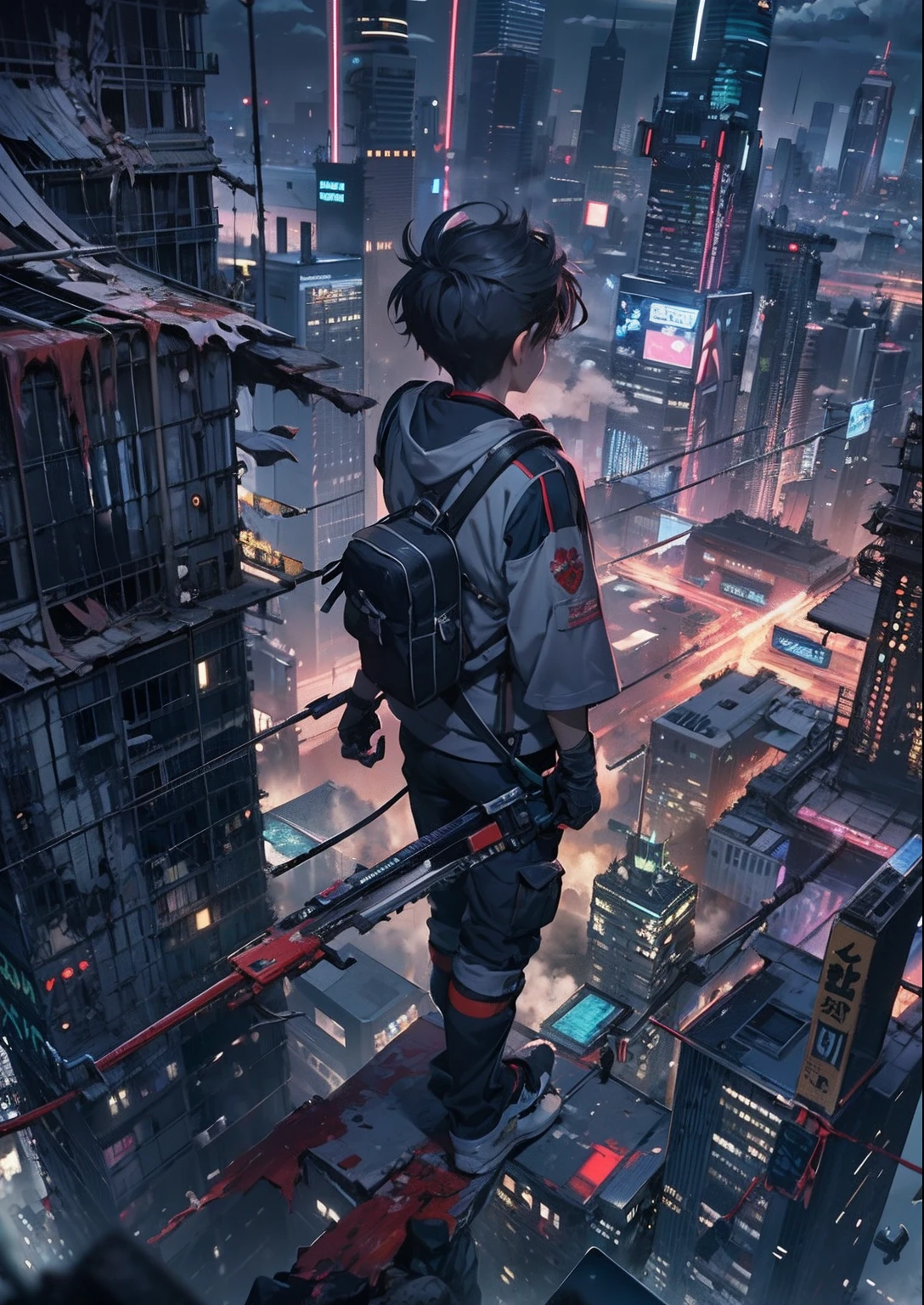 1boy,、Cyberpunk Boy、katanas,Spiky hairstyle、Tank Tops、Whole body bloody、Overhead view of the composition、Back lighting,The beginning of the adventure、Lots of clouds,heavy fog、Midnight,darkness,Chaotic city of the future、ruined and devastated city、dystopian、A group of very complex skyscrapers stands in the center、Very complex dilapidated cityscape,Ruined Chinese skyscrapers、a bird、Pretty dim lighting、Dark road、puddles、Chaotic landscape、Beautiful and fantastic scenery、Cinematic scenery、hightquality、masutepiece,8k、hight resolution、ultra-detailliert,