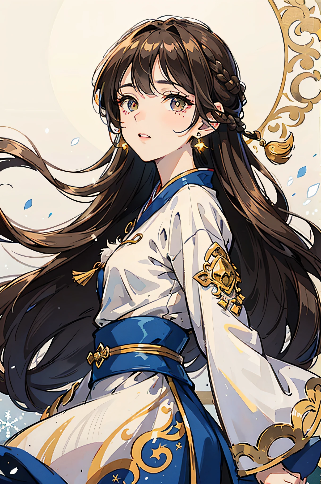 Mature girl , long dark brown hair, long dark brown hair, braid on the left side of hair, floating hair, golden eyes, golden eyes, delicate and smart eyes, starry pupils, intricate damask hanfu, gorgeous accessories, wearing tassel earrings, FOV, f1.8, masterpiece, complex scene, snowflakes flying, front portrait shot, Chang'e, snowing night