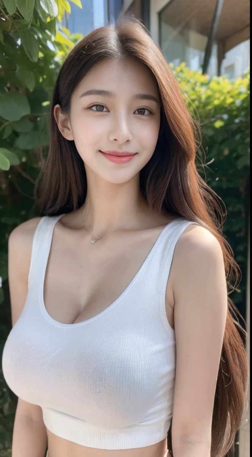 ((Best quality, 8k, Masterpiece :1.3)), 1girl, beautiful woman with emphasis on slim abs: 1.3, (long hair, big breasts: 1.2), tank top: 1.2, ultra-delicate face, delicate eyes, double eyelids, smile, seaside, random color clothes