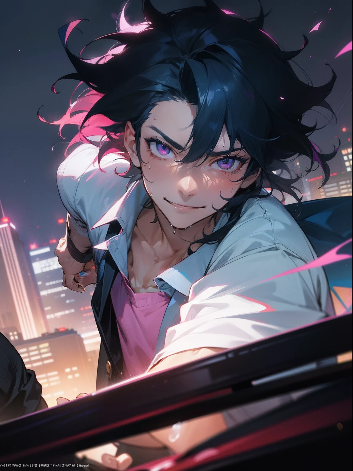 1 male, Male character in his 20s, Subrealismo, Dynamic Angle, medium shot, Best Quality, official artwork, key visual, city, Detailed background, Night, Intense angle, Shaft angle, collateral, Looking at Viewer, Dark blue hair, Medium Hair, Messy hair for men, Bundled hair, Pink eyes, endured face, White open shirt, Smile, smirking mischievously, Sweat, Wet, Watching the viewer, radiant eyes