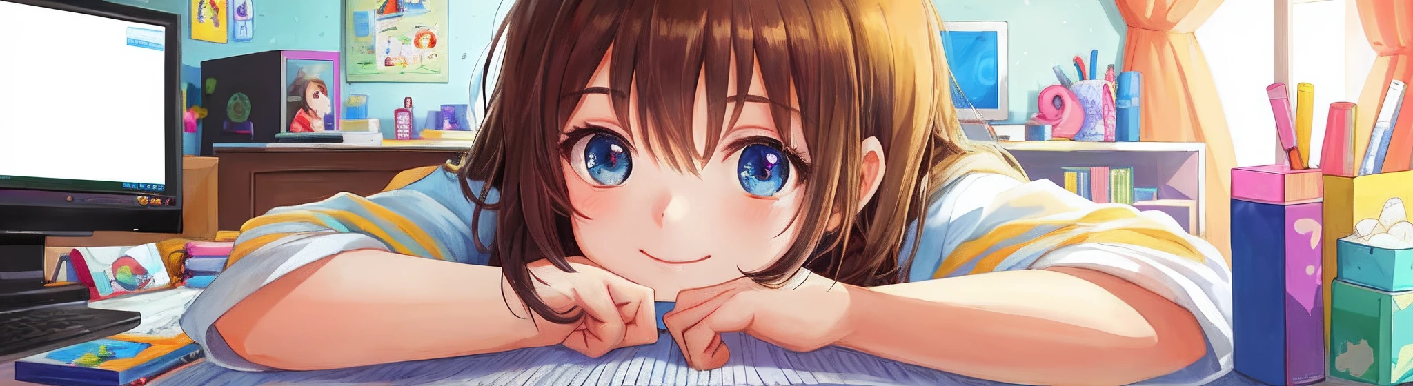 A girl, Room, Computer Games, Happy, Perfect Quality, Clear Focus (Clutter - Home: 0.8), (Masterpiece: 1.2) (Bokeh) (Best Quality) (Detailed Skin: 1.3) (Intricate Details) (Detail Eyes) (Sharp Focus), (Happy), (simple background)