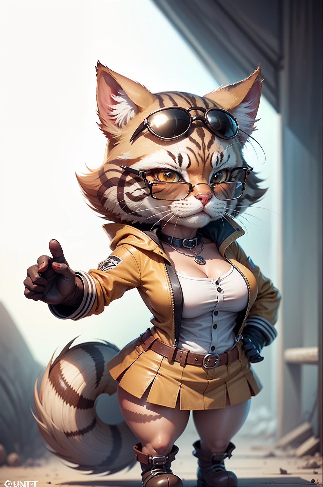 C4tt4stic, Cartoon cute brown tabby in dress skirt,Beautiful breasts,Sunglasses,