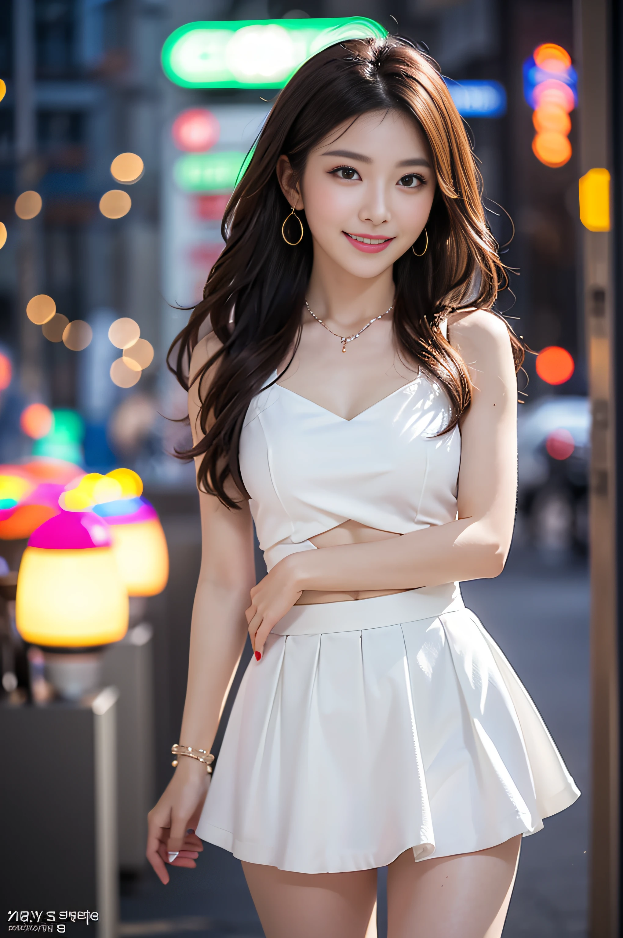 8K, masutepiece, Raw photo, Best Quality, Photorealistic, Highly detailed CG Unity 8K wallpaper, depth of fields, Cinematic Light, Lens Flare, Ray tracing, (Extremely beautiful face, Beautiful lips, Beautiful eyes), intricate detail face, ((Ultra detailed skin)) 1girl in, In the Dark, deepshadow, Pretty Korean girl, Kpop Idol, 1 girl, (Very slim and slender fit muscular body:1.3), ((Looking at Viewer)),(Big smile:1.3), (Midnight, a dark night, (Neon sign), (Blurred background), Dim light), (No people in the background:1.3), Beautiful earrings, Bracelets, Necklace, pantyhose, Clear eyes, Walking , Front shot, (pale skin), (Big eyes), Face forward, (Full body shot), (Brown hairs), open navel, (Looking at Viewer:1.3), Very slim, medium breasts, (Camel toe), thick thighs, turn back, (fluttering mini dress), ((White Collar Dresses)), (Tight skirt), ((backtrack, Back shot)), Ultra mini skirt