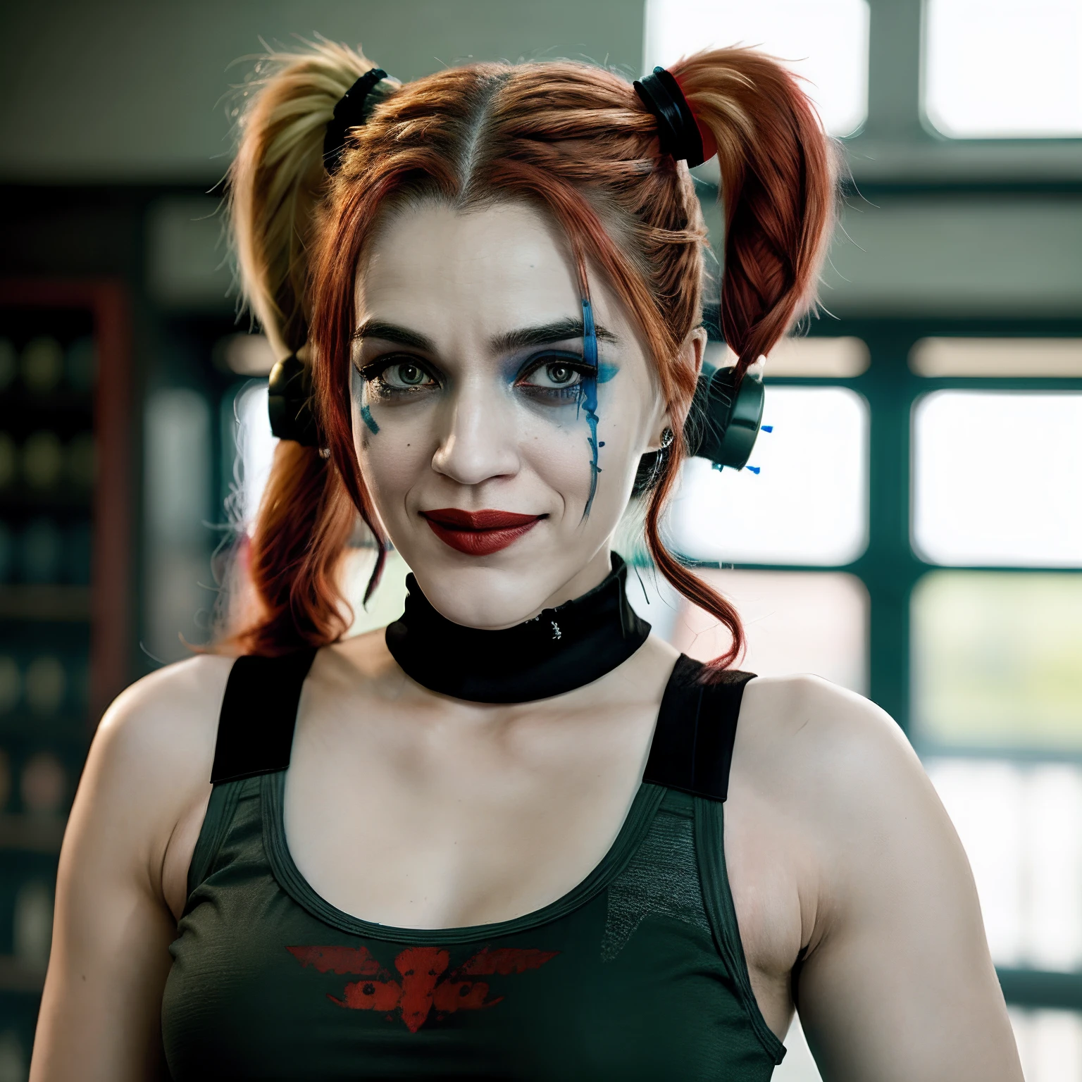 face and bust portrait of harley quinn wearing a tank top, best quality, absurdres, sharp focus, by arny freytag,