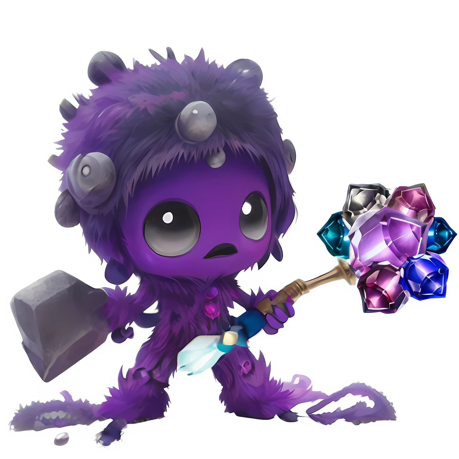 Purple monster with hammer and purple bow, Gapmoe Grimdark, Humanoid Thistle Monster, Chibi, God of Eldritch, murky, character art of maple story, Crazy creatures, a character based on a haggis, Undead Mage, vhorrified, Cheburashka, Edo, blizzard, Dark Flower Shaman, League of Legends characters, amethyst