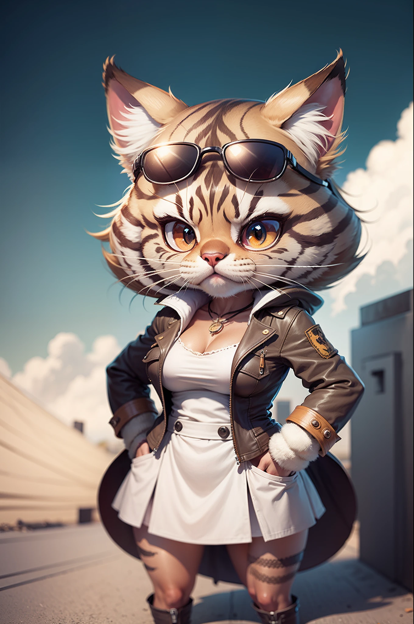 C4tt4stic, Cartoon cute brown tabby in dress skirt,Beautiful breasts,Sunglasses,
