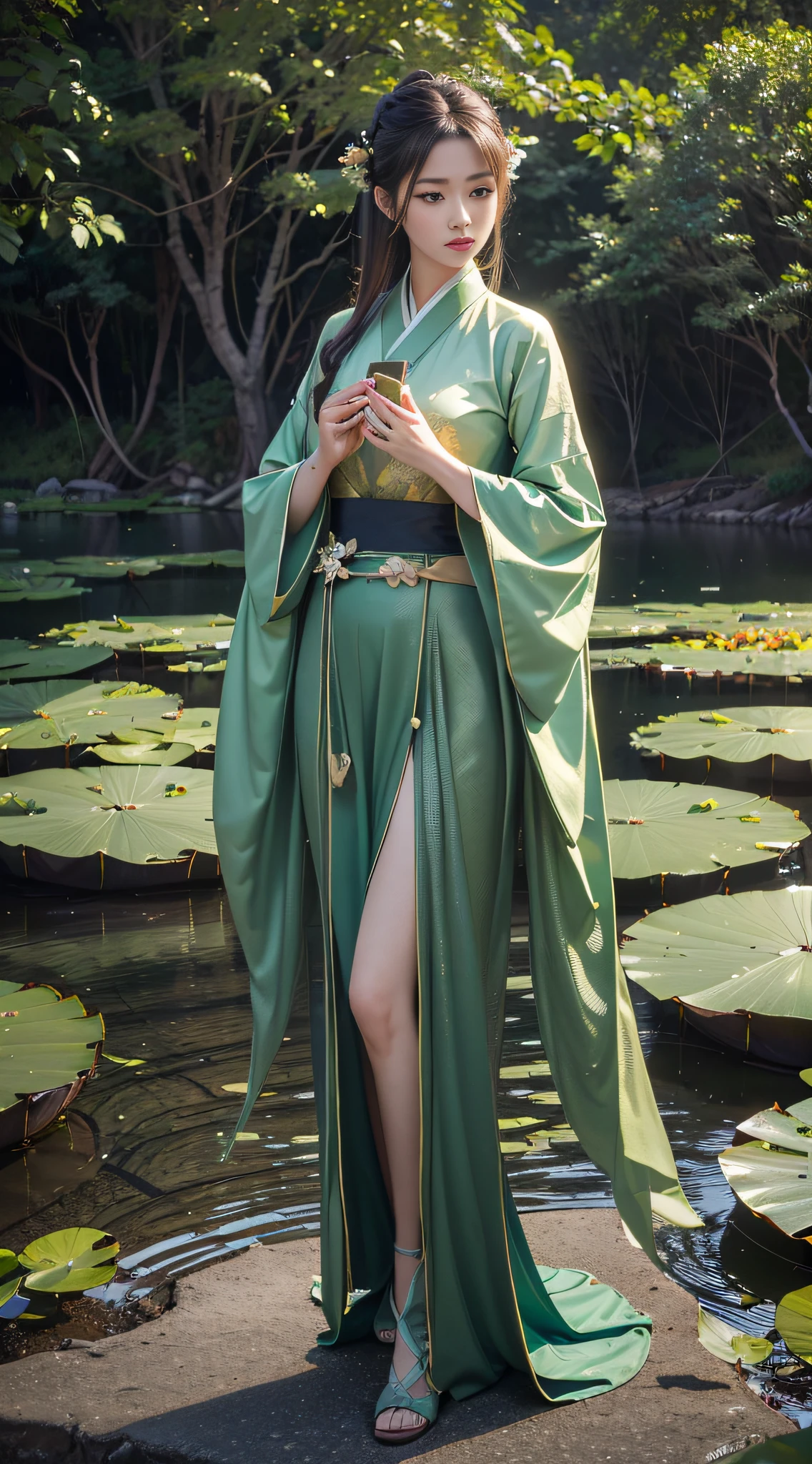(8k, RAW photo, best quality,masterpiece:1.2),(realistic, photo-realistic:1.37),(green theme:1.2), 1girl,long legs, hanfu fashion, full body, giant lotus leaf,buyao,<0.4