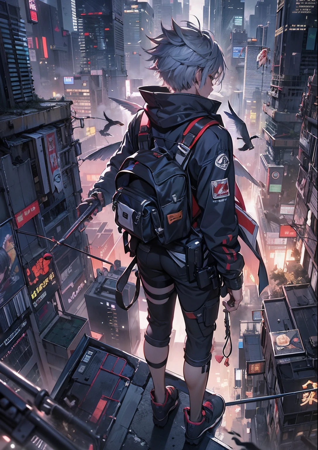 1boy,a 13 yo boy、Cyberpunk Boy、katanas,Spiky hairstyle、Tank Tops、Whole body bloody、Overhead view of the composition、Back lighting,The beginning of the adventure、Lots of clouds,heavy fog、Midnight,darkness,Chaotic city of the future、ruined and devastated city、dystopian、A group of very complex skyscrapers stands in the center、Very complex dilapidated cityscape,Ruined Chinese skyscrapers、a bird、Pretty dim lighting、Dark road、puddles、Chaotic landscape、Beautiful and fantastic scenery、Cinematic scenery、hightquality、masutepiece,8k、hight resolution、ultra-detailliert,