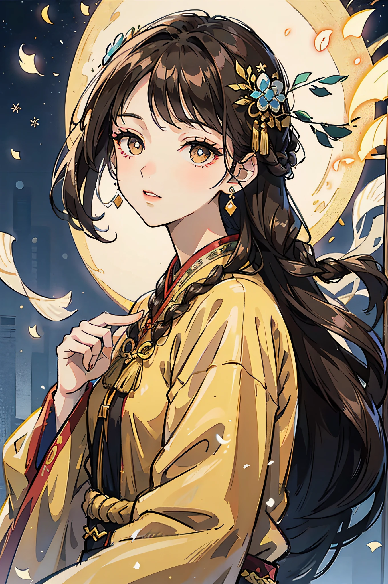 Mature girl , long dark brown hair, long dark brown hair, braid on the left side of hair, floating hair, golden eyes, golden eyes, delicate and smart eyes, starry pupils, intricate damask hanfu, gorgeous accessories, wearing tassel earrings, FOV, f1.8, masterpiece, complex scene, snowflakes flying, front portrait shot, Chang'e, snowing night, night