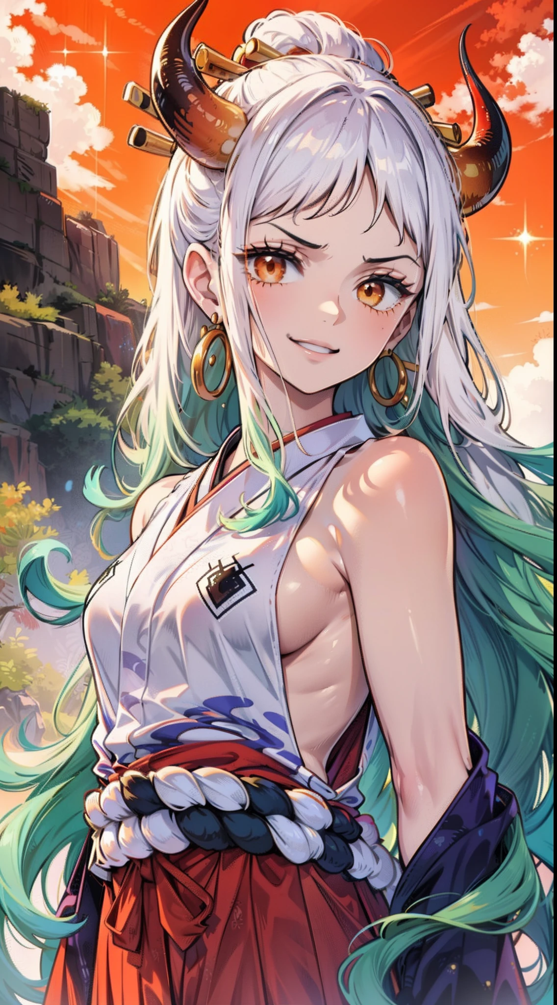 masutepiece, ((hyper detailed background, Delicate pattern, intricate detailes)), (Highly detailed, Fine details), Best Quality,Beautiful lighting, (((medium breasts, Slim Girl, very slim girl))), (Cowboy Shot),  YamatoV2, Long hair, 1girl in, Horns, White hair, Solo, sila, red horns, Curled horns, Hair Ornament, (multicolored horns), Jewelry, earrings, Komono, Kimono, hair stick, Sleeveless, Bare shoulders, aqua hair, side locks, hoop earrings, Hakama, Smile, Wide smile, ((Orange Eyes)), intricate detailed background, Outside, nature environment, boulders, Sunny, Blue sky, skyporn,Depiction from head to foot,