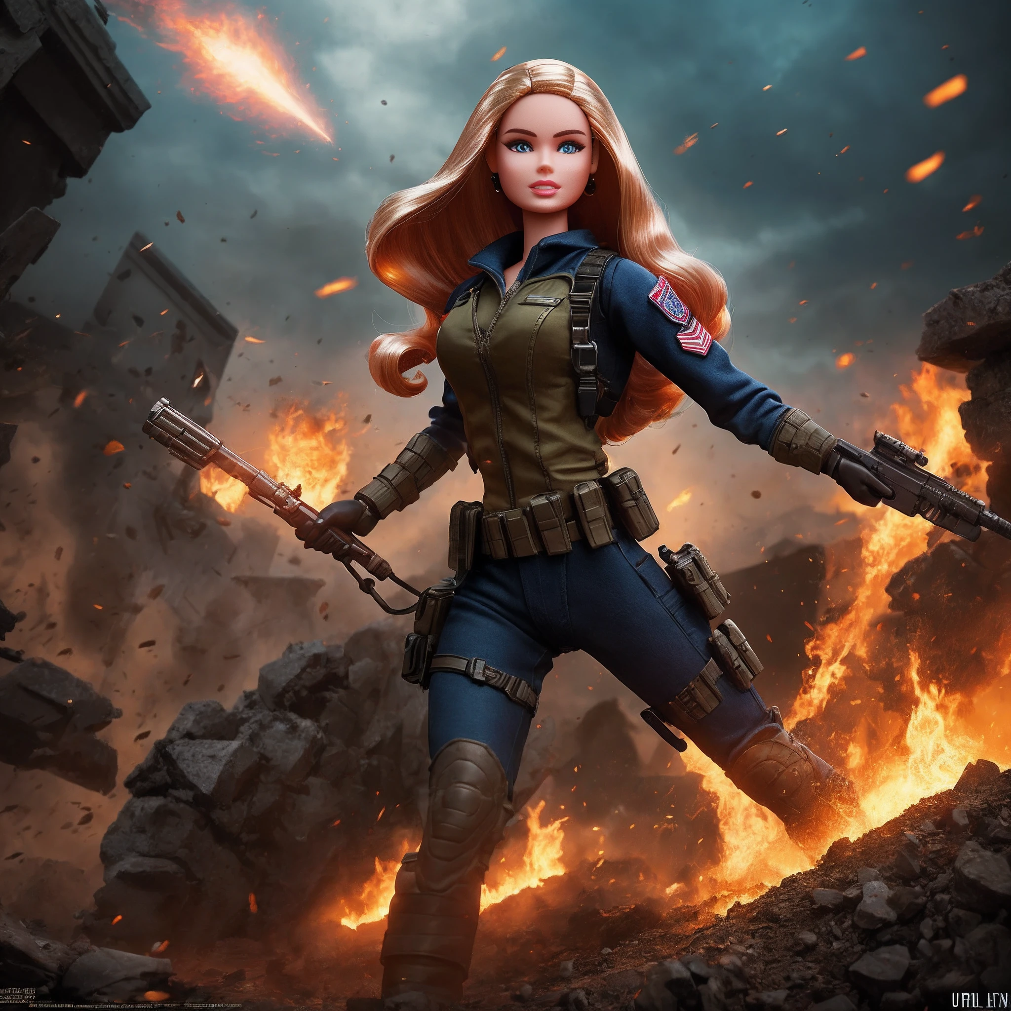 (Barbie doll:1.1), G.I.Joe, fighting, Apocalypse, dooms day, Illustration, cinematic light, high resolution, best quality, ultra detailed, masterpiece,