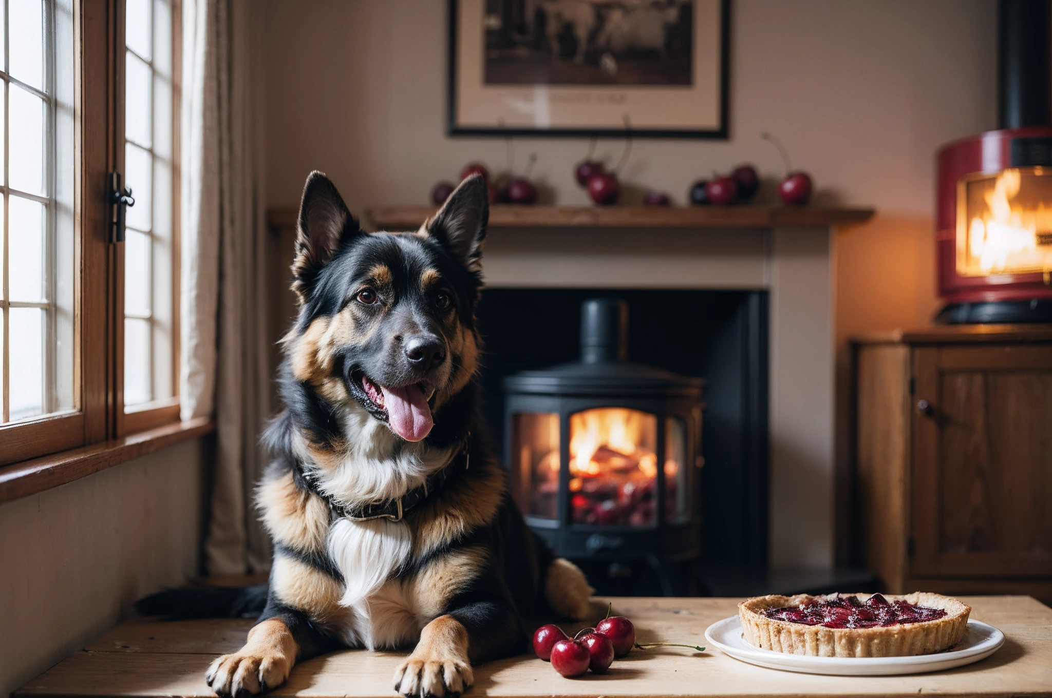 Photograph of a German Shepherd dog sitting next to a warm cherry pie, warm atmosphere, Captured by Panavision Panaflex Platinum Camera with Panavision Primo Primes Spherical Lens 50mm T1.9