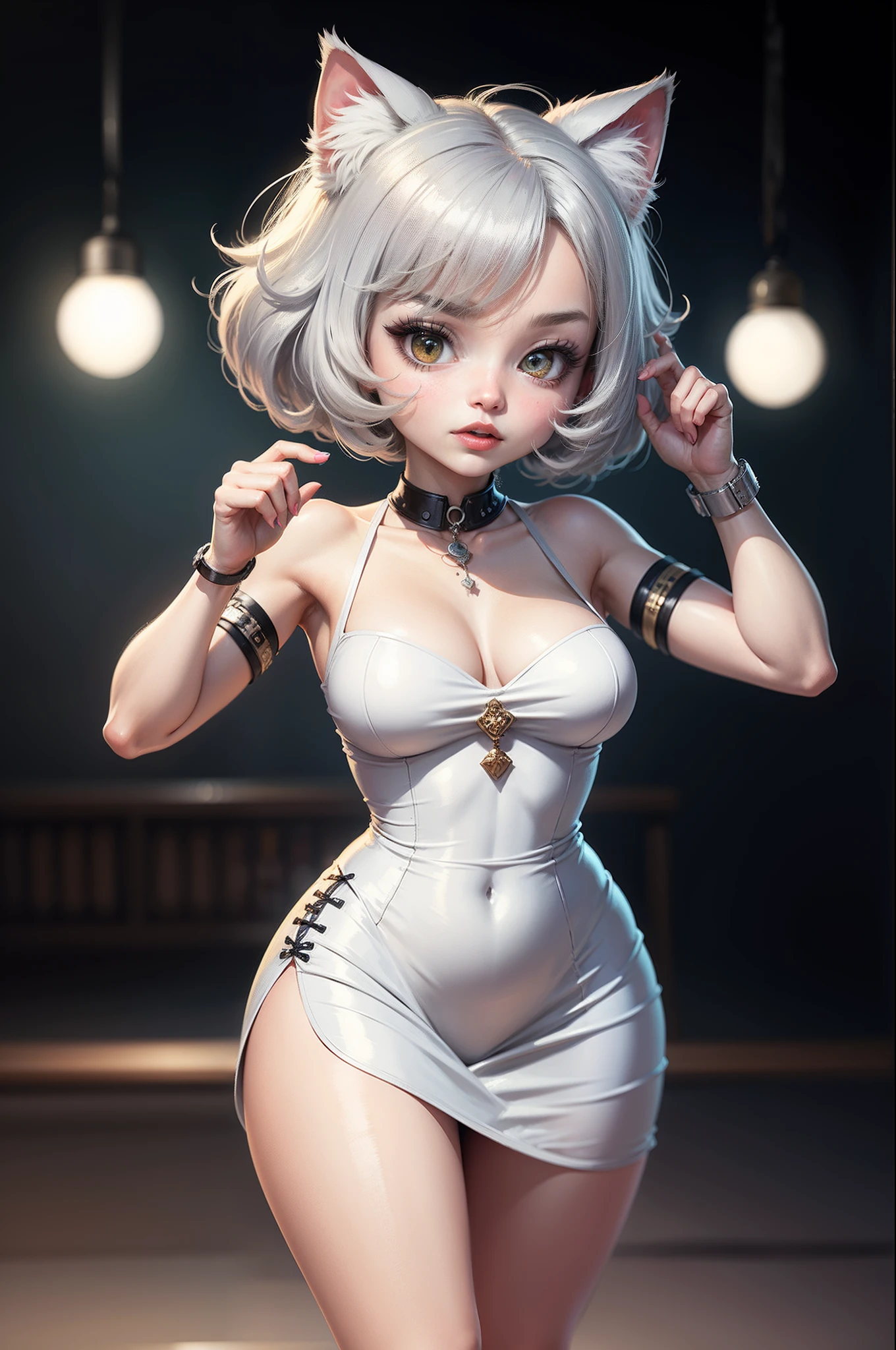 C4tt4stic, Cartoon cute silver tabby female cat in feminine dress,Beautiful breasts,Party Venue,