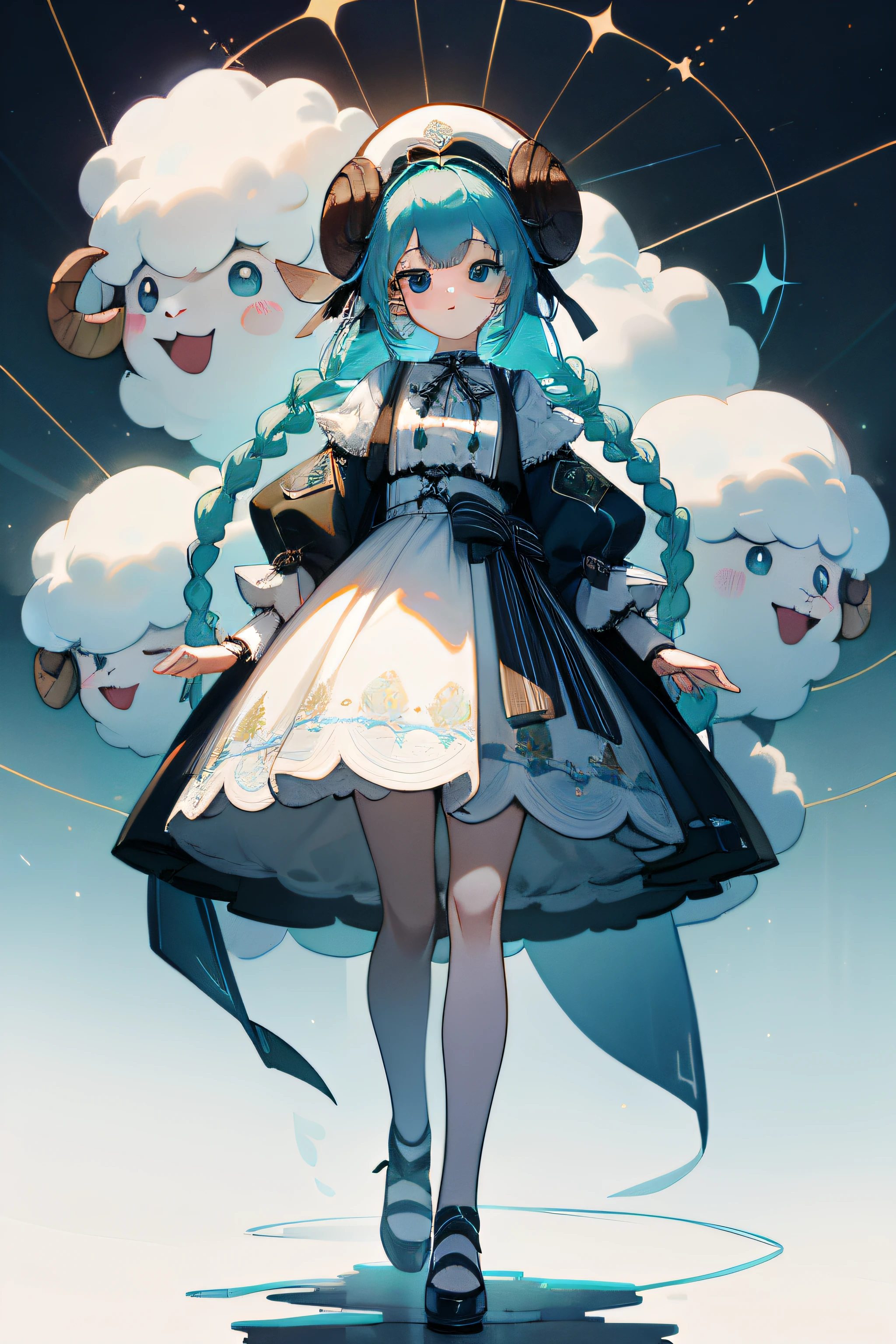 extremely detailed CG unified 8k wallpaper, very fine 8KCG wallpaper, absurderes,Lori ,Best Quality ,ultra-detailliert ,masterpiece、Girl standing facing the front、top-quality(masterpiece), top-quality, 1girl in, Green light blue hair、long braids、Sheep motif、Constellation motifs、PastelColors、lots of ribbons、light blue eyes、kawaii、Full body