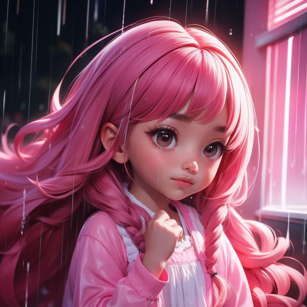 A child playing on rain, brown skin girl, long pink hair, pink theme