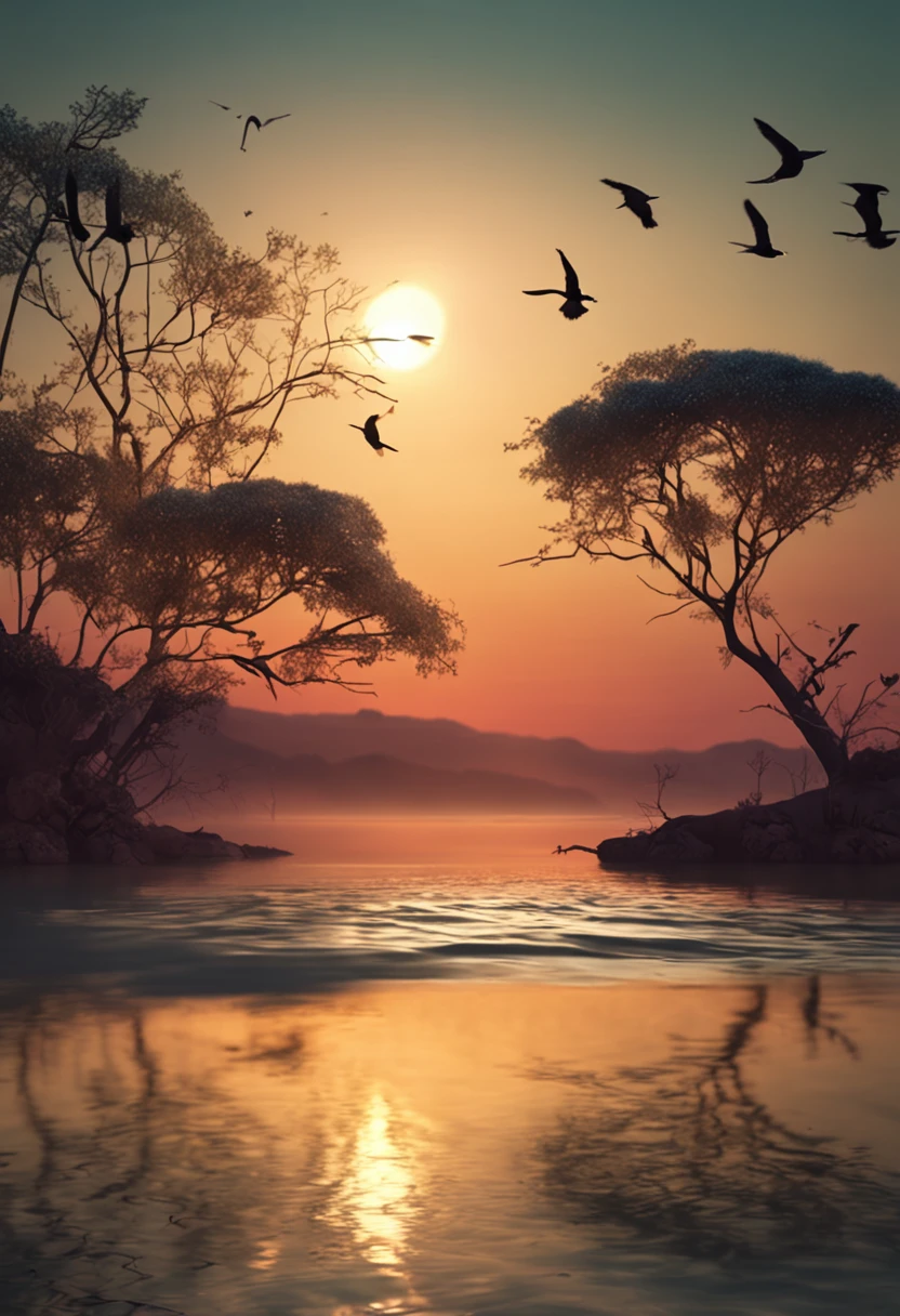 Peaceful scenery at dawn, Soft golden tones depict the horizon as birds sing, Image in 2560 x 1440 pixel format