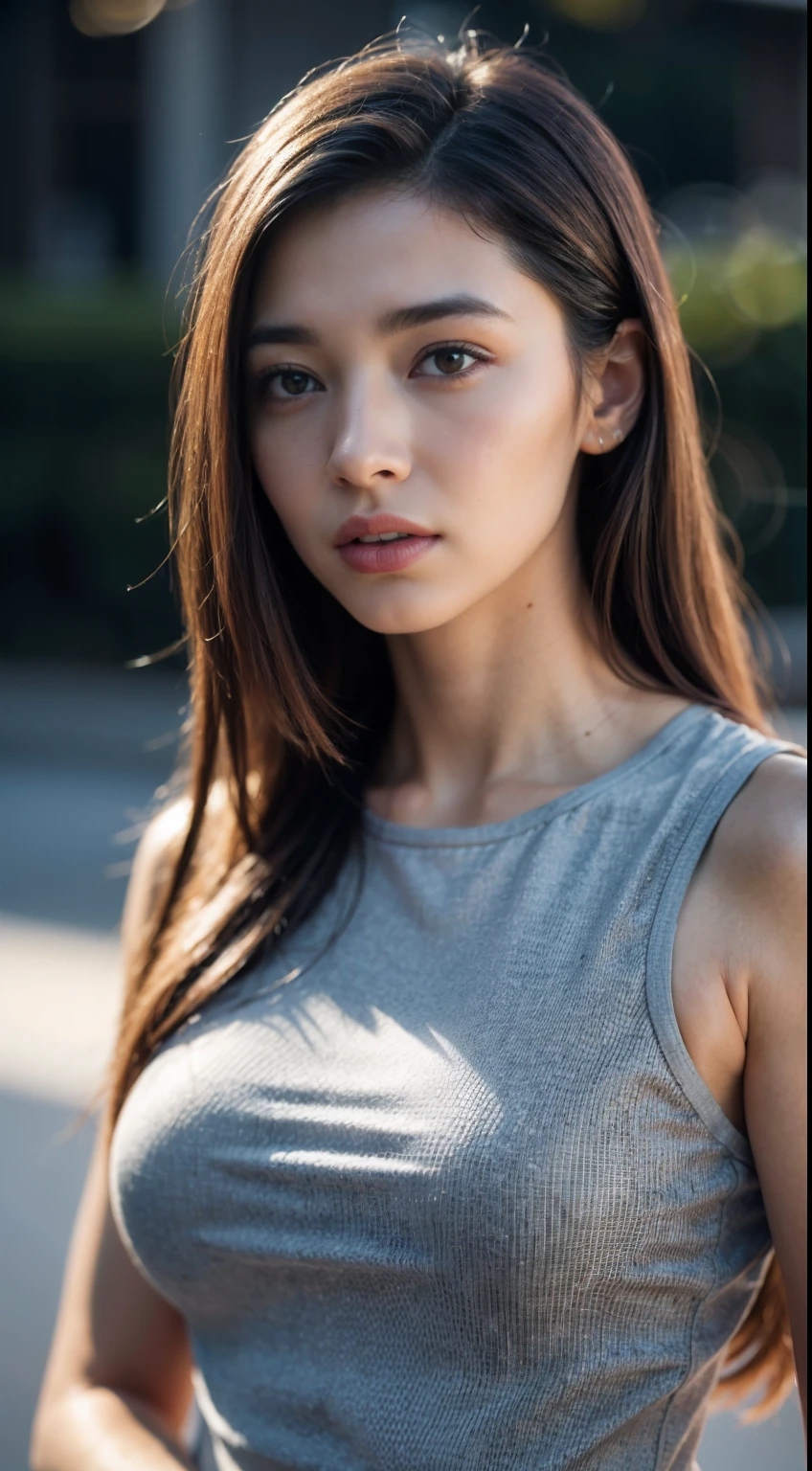 dressed, (photo realistic:1.4), (hyper realistic:1.4), (realistic:1.3), (smoother lighting:1.05), (increase cinematic lighting quality:0.9), 32K, 1girl,20yo girl, realistic lighting, backlighting, light on face, ray trace, (brightening light:1.2), (Increase quality:1.4), (best quality real texture skin:1.4), finely detailed eyes, finely detailed face, finely quality eyes, (tired and sleepy and satisfied:0.0), face closeup, t-shirts, (Increase body line mood:1.1), (Increase skin texture beauty:1.1)