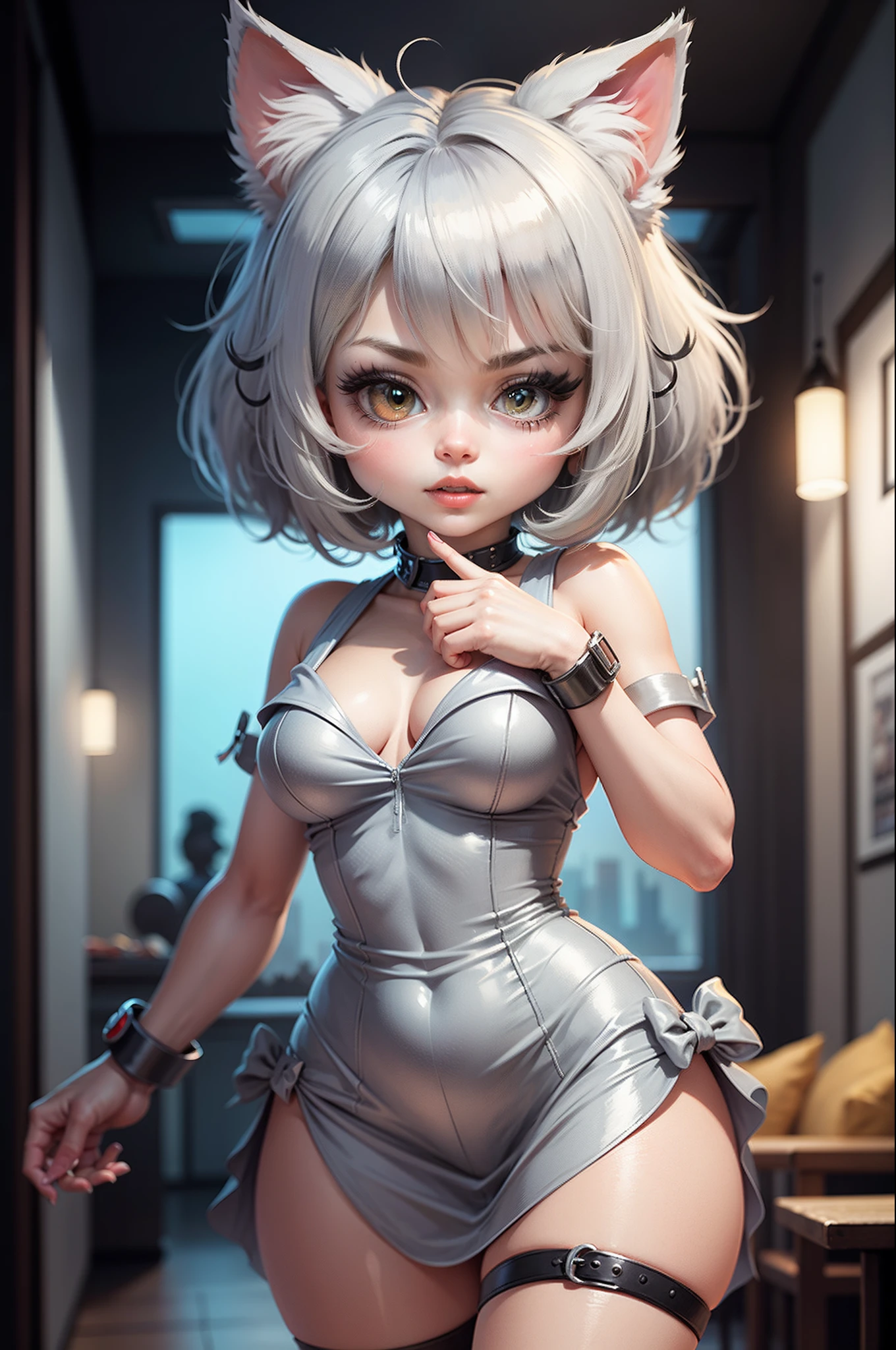 C4tt4stic, Cartoon cute silver tabby female cat in feminine dress,Beautiful breasts，Party Venue，