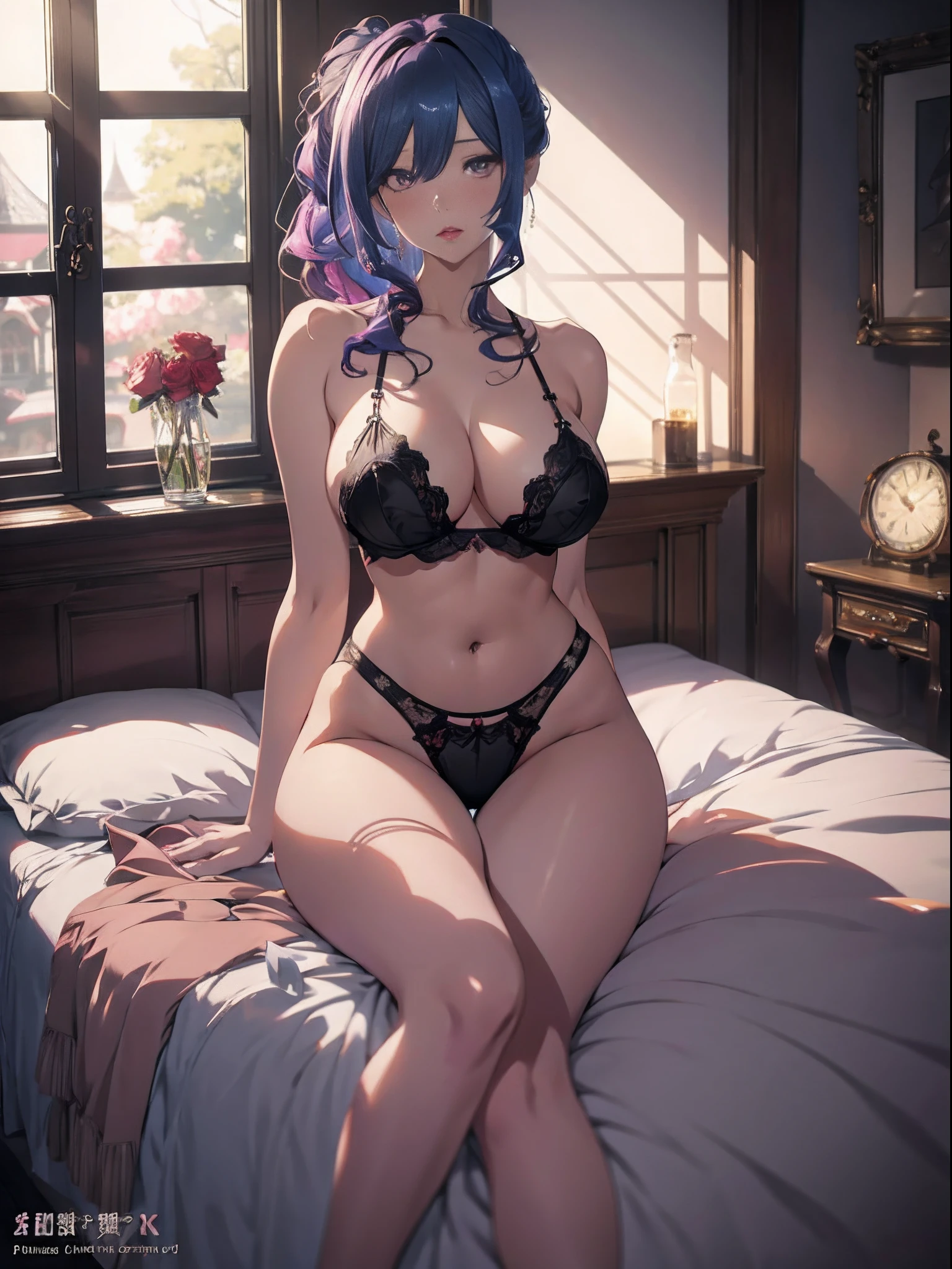 Anime - Style woman in lingerie sitting on a rose bed, seductive anime girls, Guweiz in Pixiv ArtStation, Guweiz on ArtStation Pixiv, Extremely detailed Artgerm, Guviz, beautiful and seductive anime woman, 8K high quality detailed art, trending on artstation pixiv, Guviz-style artwork,huge tit，blush，