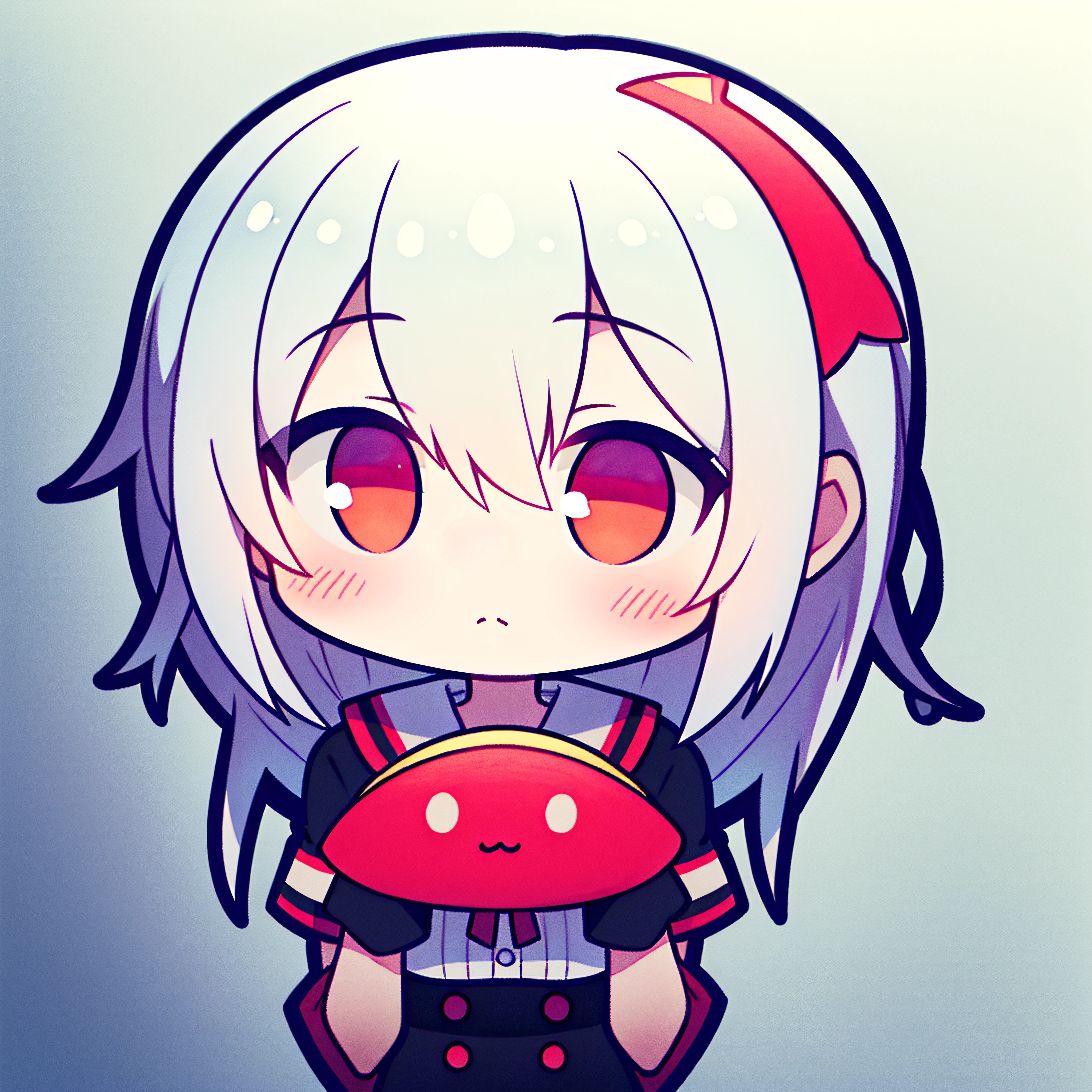 fish on the head, solo, 1 girl, looking at viewer, upright, concept art, white background, simple background, white hair, red gradient hair, short sleeves, watercolor pencil, expressionless, blush, virtual youtuber