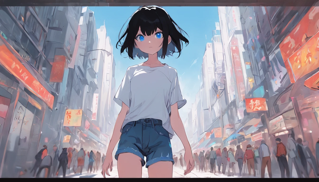 "1girl with short black hair and blue eyes, dressed in a plain white shirt and denim shorts, standing in a bustling city. The image should be absurdres, high res, ultrasharp, and in 8K resolution. The overall composition should resemble a masterpiece, and the girl should be looking directly at the viewer."