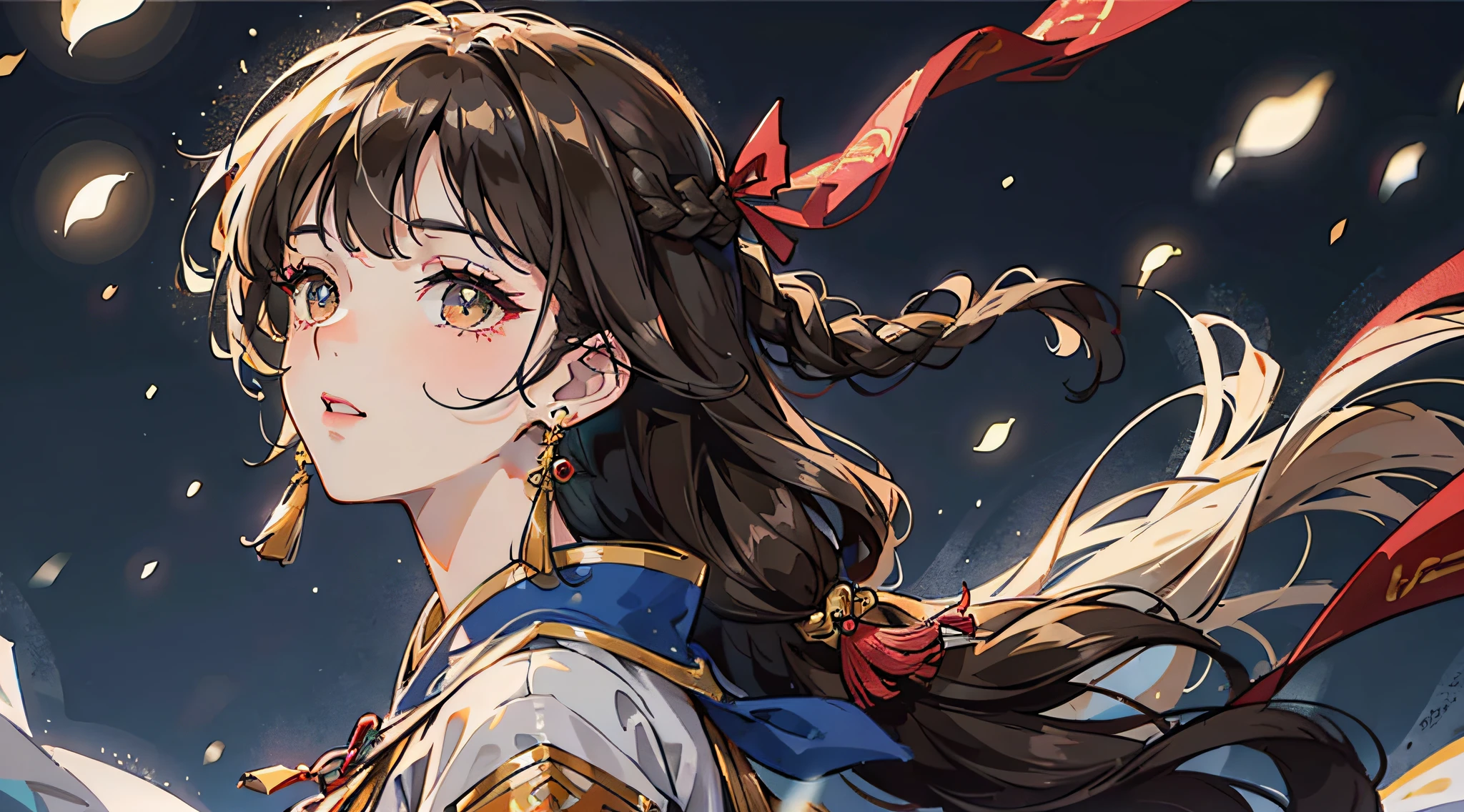 Mature girl , long dark brown hair, long dark brown hair, braid on the left side of hair, floating hair, golden eyes, golden eyes, delicate and smart eyes, starry pupils, intricate damask hanfu, gorgeous accessories, wearing tassel earrings, FOV, f1.8, masterpiece, complex scene, snowflakes flying, front portrait shot, Chang'e, snowing night, night