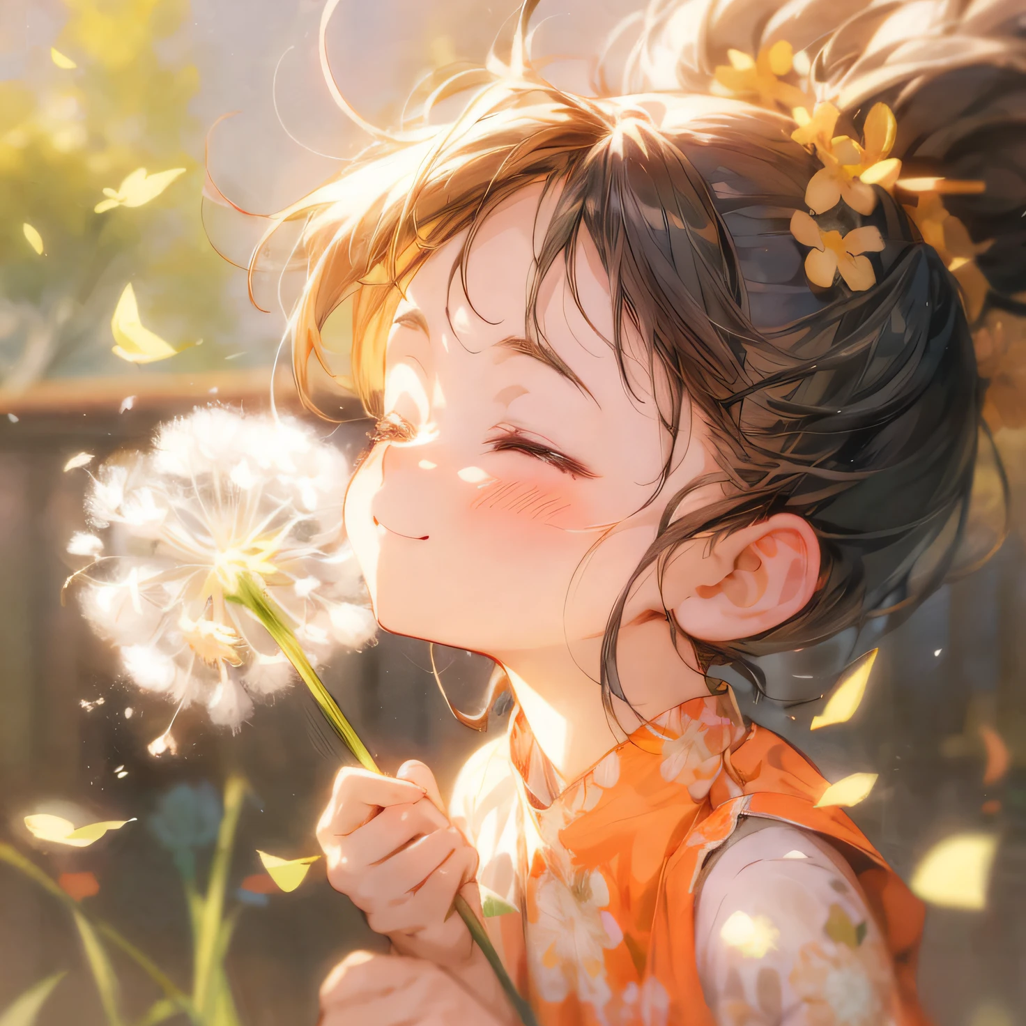 Anime girl with dandelions blowing in the wind, Anime visuals of cute girls, Happy expression, happy girl, Smiling, Close eyes,Cute,Happy and cheerful look, she expressing joy, anime image, very happy, Cute anime girl, Smiling expression, Beautiful Anime Portrait, Soft and surprised smile, soft anime illustration, Anime Illustration, she is smiling and happy, beautiful anime artwork, Cheerful expression