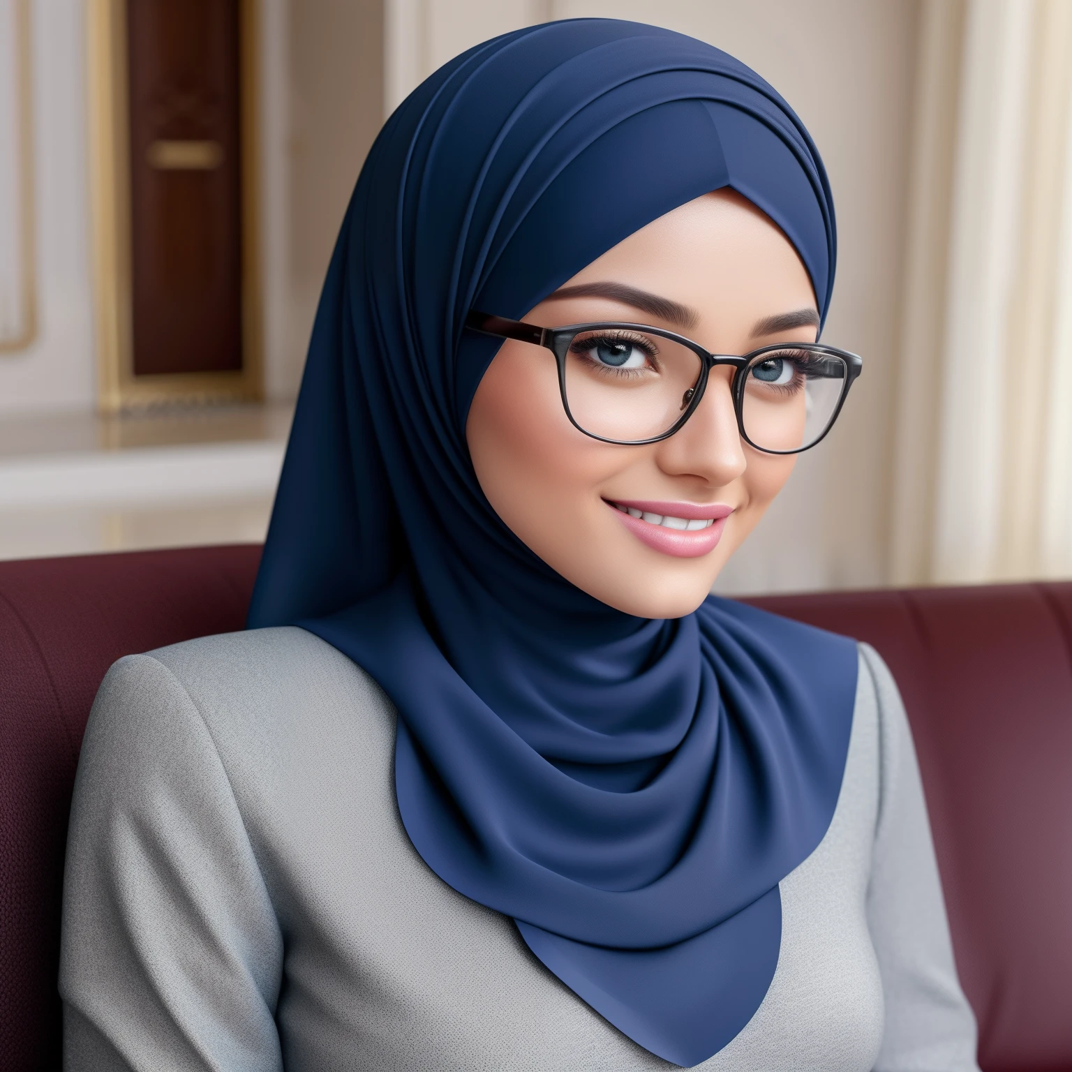 ultra realistic,16k, enhanced quality, perfect face, perfect hands, perfect body, ultra detailed,1girl, perfect hair, girl wearing glasses, perfect glasses, perfect smile, ultra realistic, ultra realistic background, sitting on a couch in a mansion ultra luxurious living room watching television, different poses, looking at view, ultra realistic glowing butterfly, girl wearing perfect hijab, ultra realistic particles, perfect duck lips, Islamic hijab, full body image, full image.